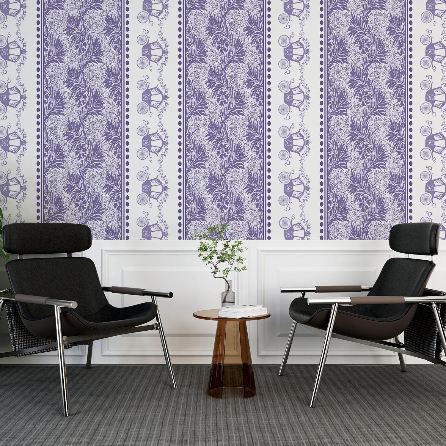 Vertical striped design with ornate carriages and delicate gray floral motifs in European style - view 8 - final