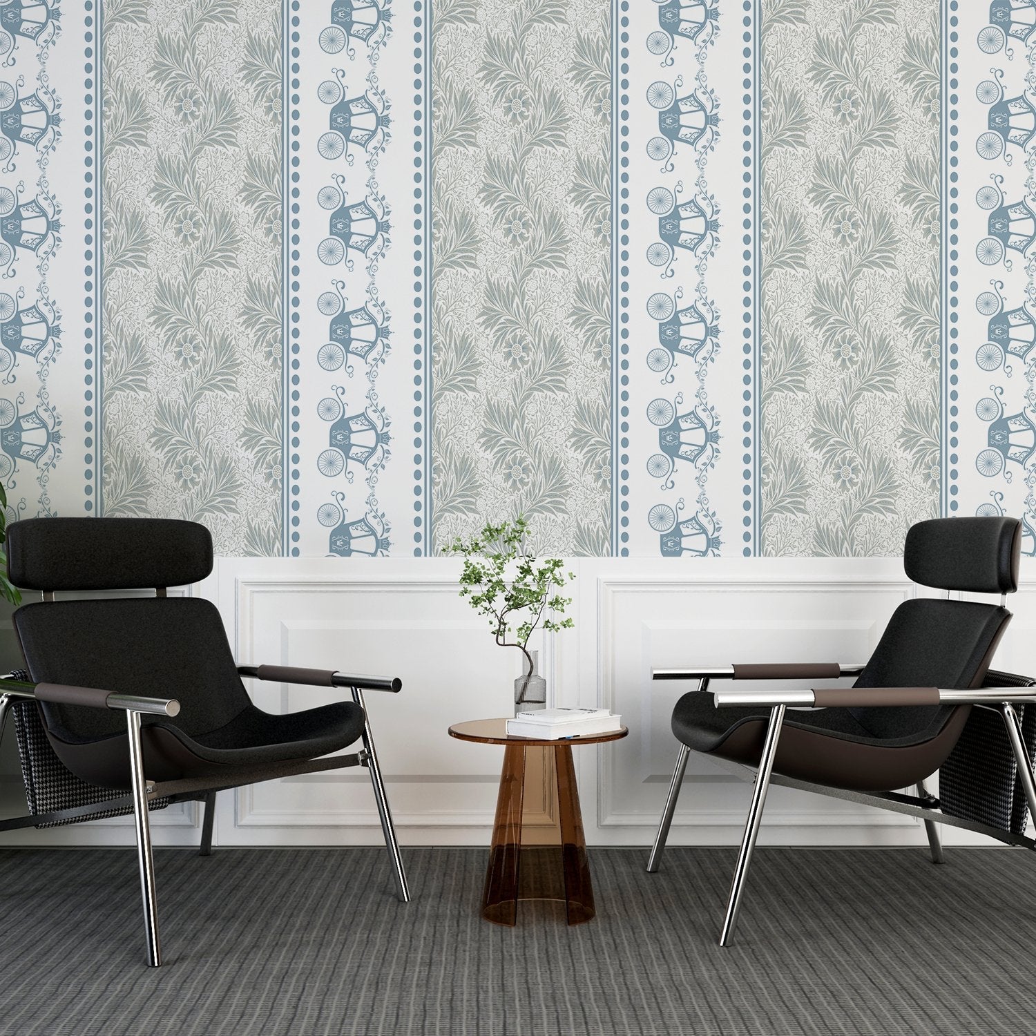 Vertical striped design with ornate carriages and delicate gray floral motifs in European style - final hobby-room
