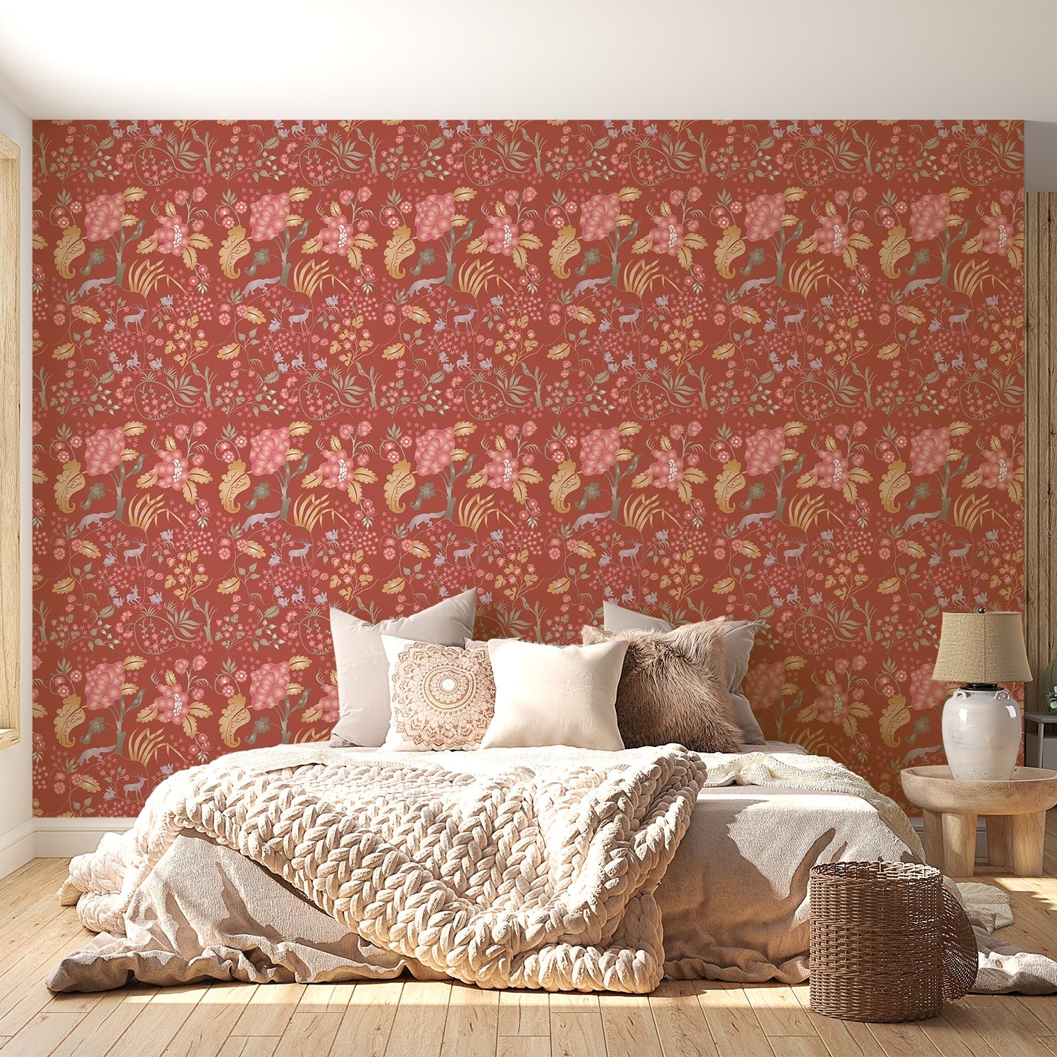 Delicate coral and beige floral pattern with climbing vines and whimsical botanical motifs - view 16 - final