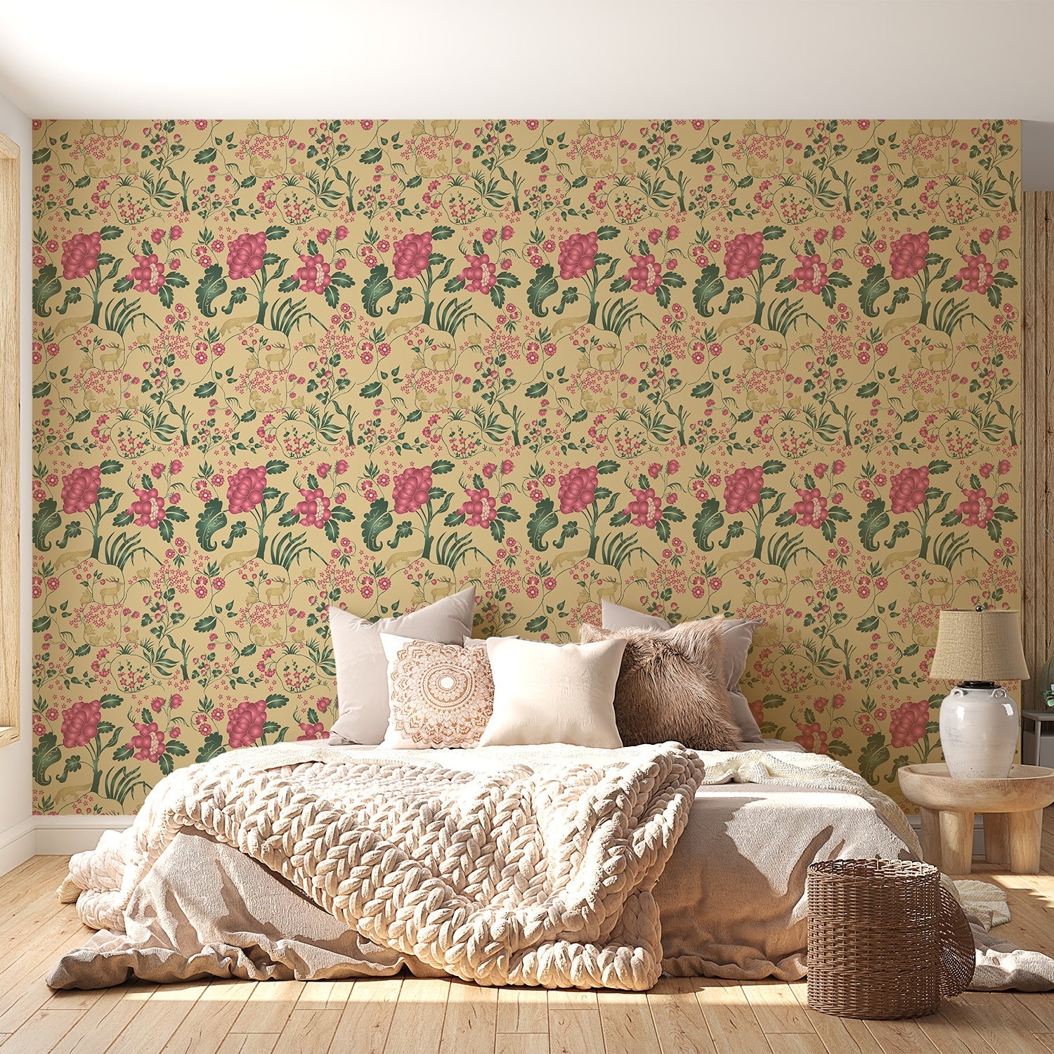 Delicate coral and beige floral pattern with climbing vines and whimsical botanical motifs - view 9 - final