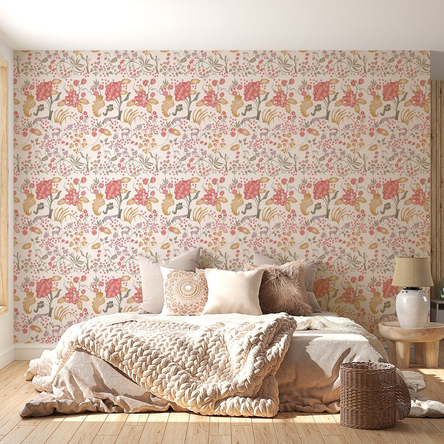 Delicate coral and beige floral pattern with climbing vines and whimsical botanical motifs - final bed-room