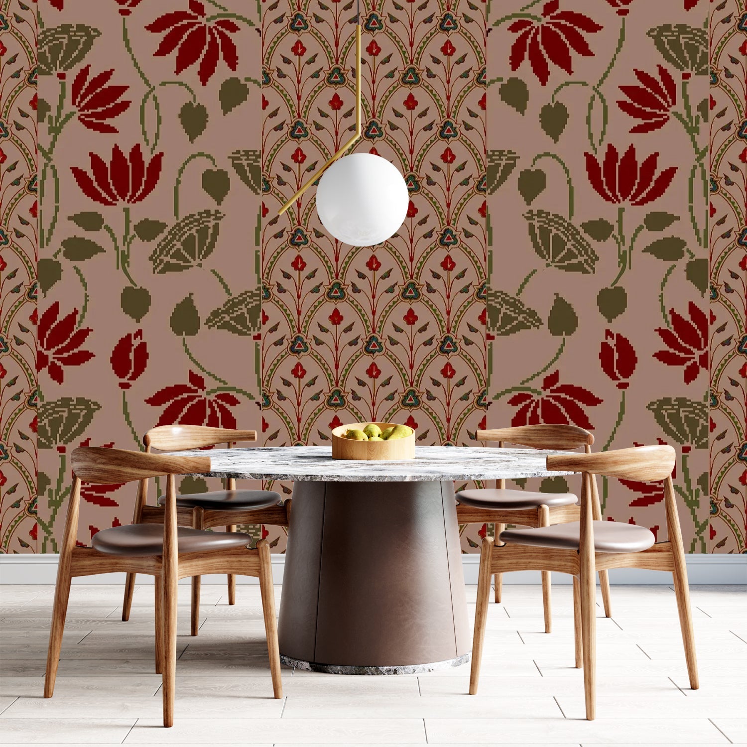 Art nouveau inspired floral pattern with deep red lotus blooms on sage green background - view 10 - final