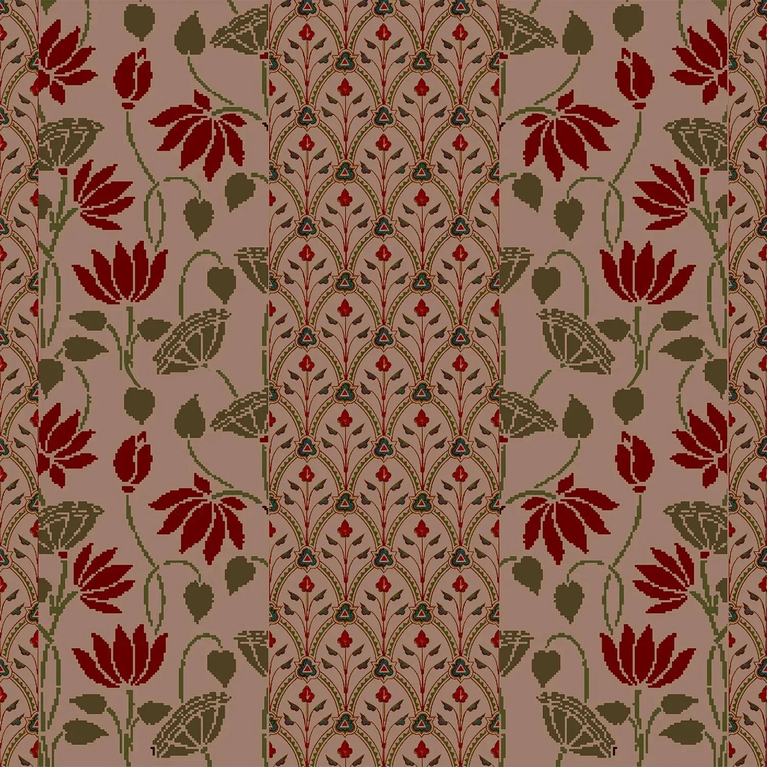 Art nouveau inspired floral pattern with deep red lotus blooms on sage green background - view 11 - final