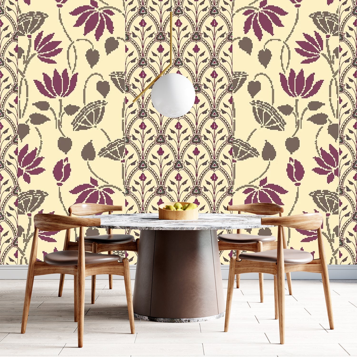 Art nouveau inspired floral pattern with deep red lotus blooms on sage green background - view 18 - final