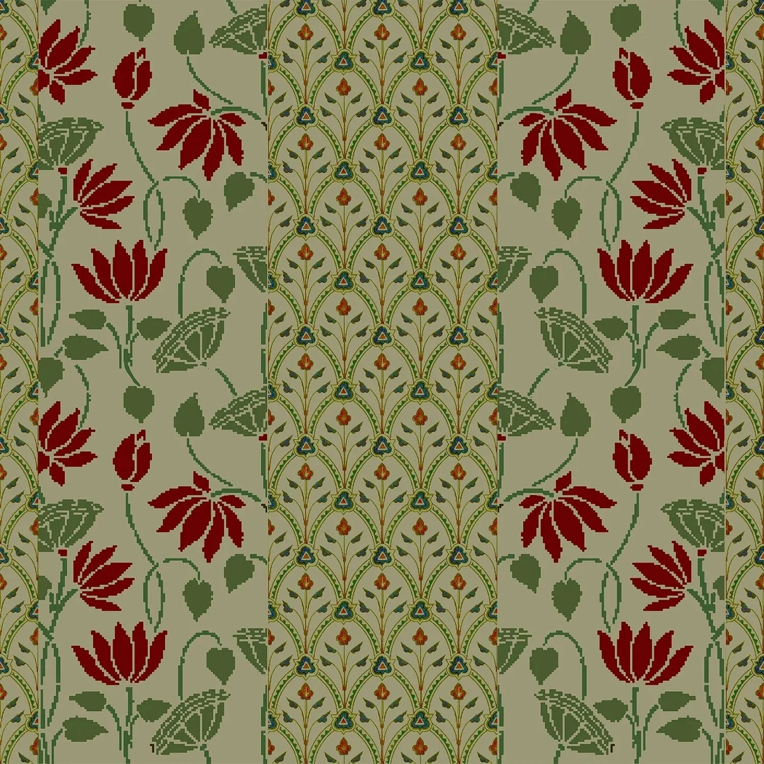 Art nouveau inspired floral pattern with deep red lotus blooms on sage green background - view 2 - final