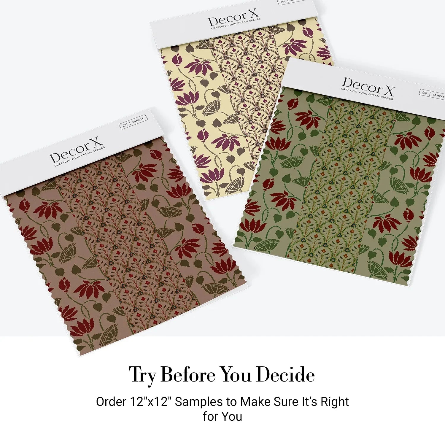 Art nouveau inspired floral pattern with deep red lotus blooms on sage green background - view 23 - final all-groups samples