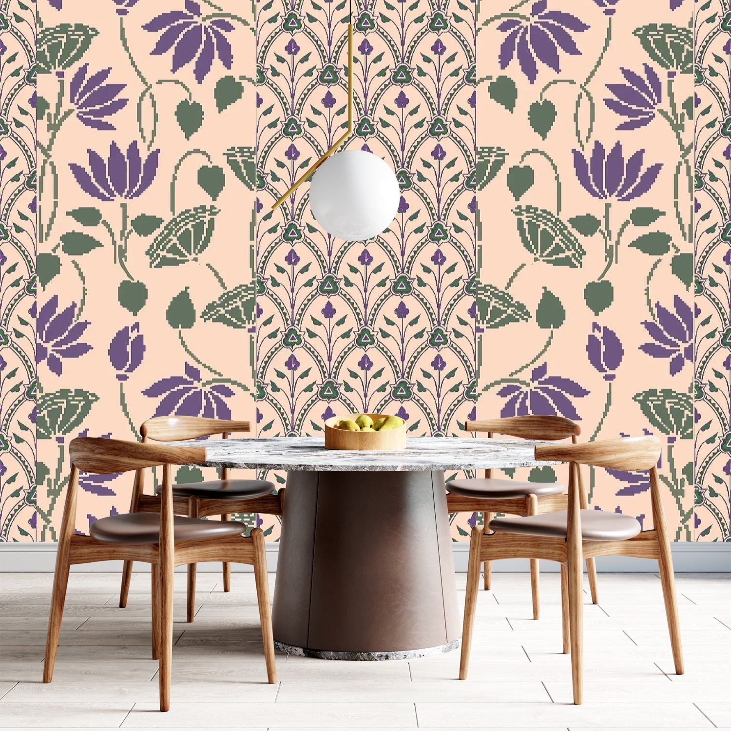 Art nouveau inspired floral pattern with deep red lotus blooms on sage green background - view 6 - final