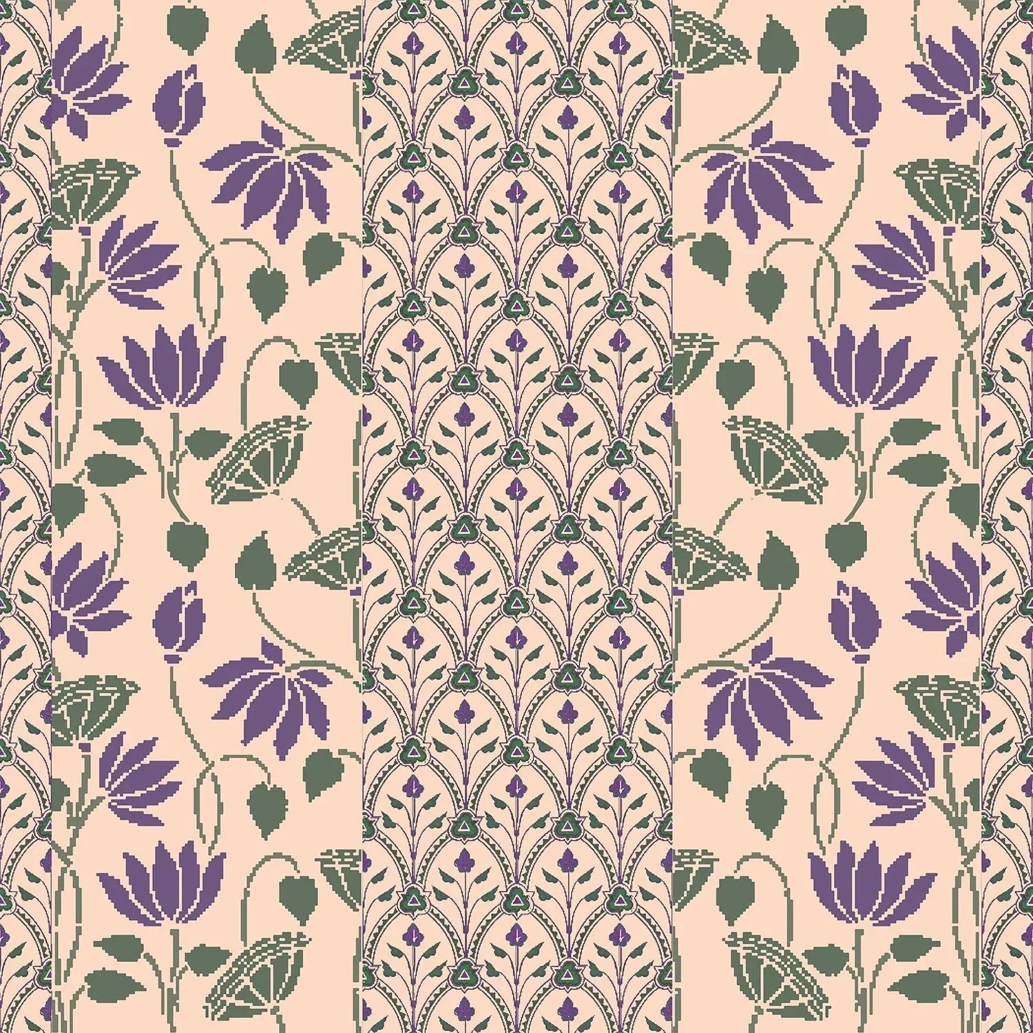 Art nouveau inspired floral pattern with deep red lotus blooms on sage green background - view 7 - final