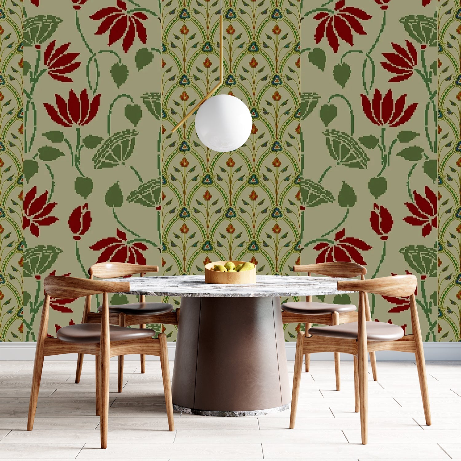 Art nouveau inspired floral pattern with deep red lotus blooms on sage green background - final dining-room