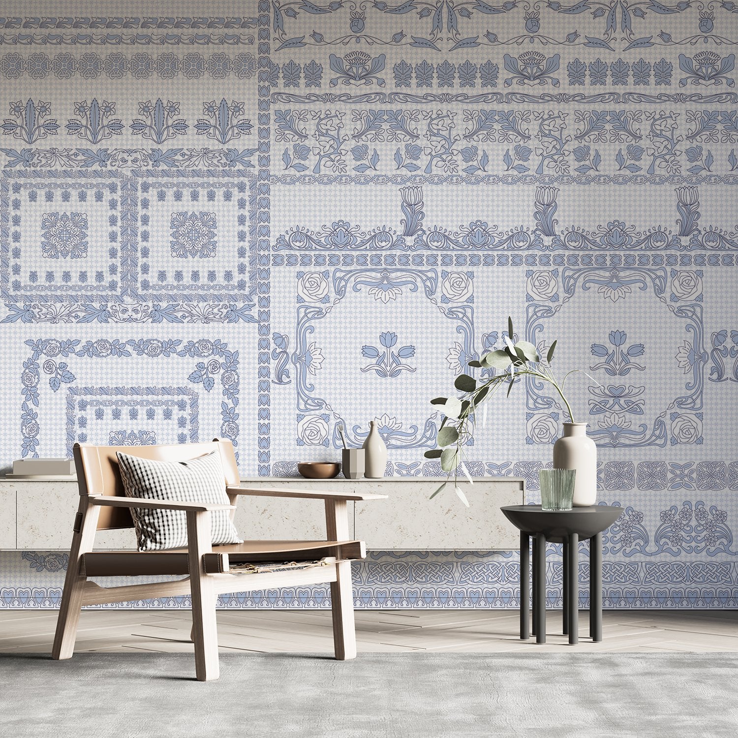 Ornate aqua damask borders with classical motifs arranged in elegant horizontal decorative bands - view 10 - final hobby-room