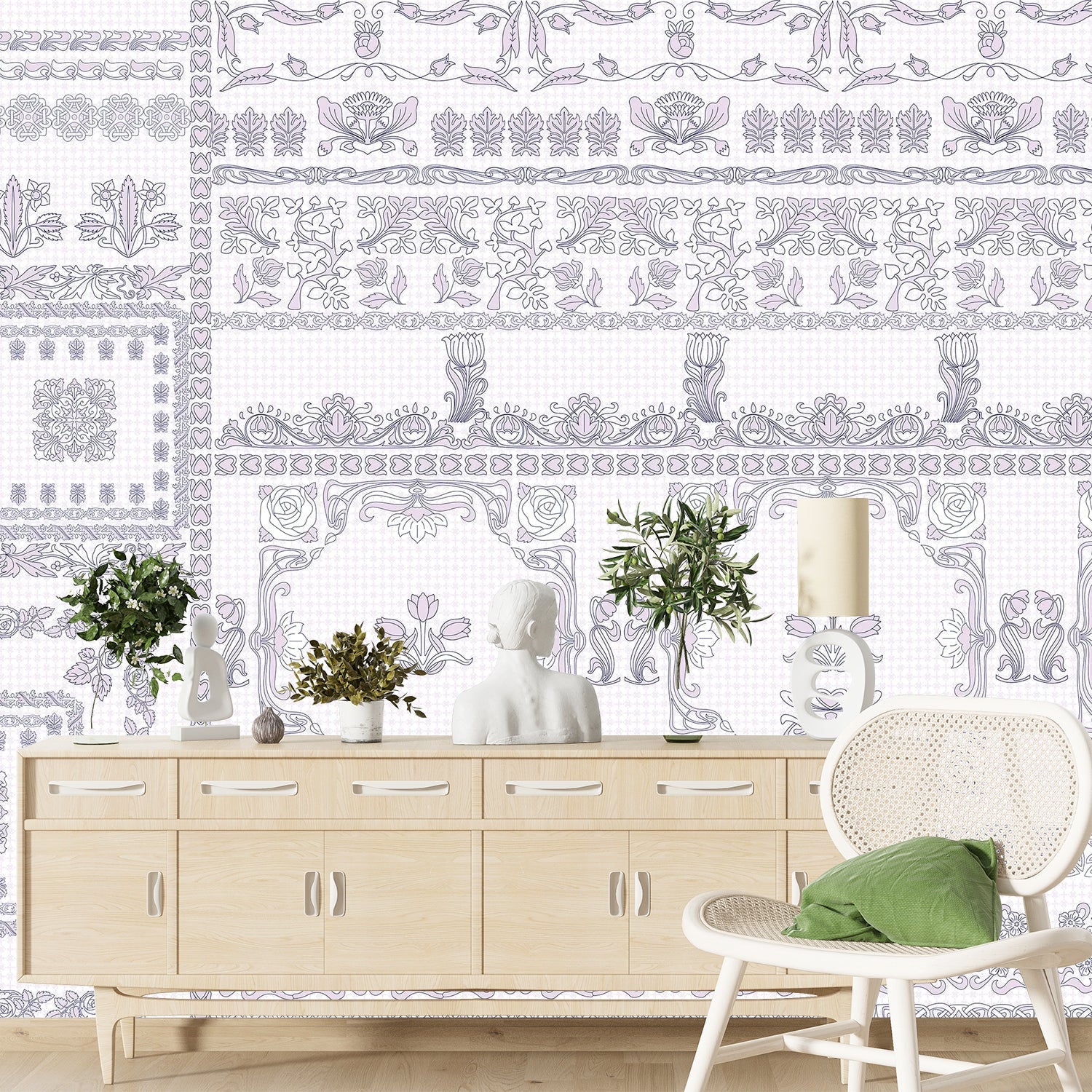 Ornate aqua damask borders with classical motifs arranged in elegant horizontal decorative bands - view 15 - final foyer