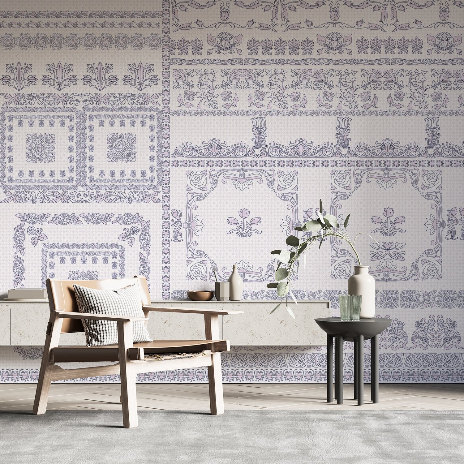 Ornate aqua damask borders with classical motifs arranged in elegant horizontal decorative bands - view 17 - final hobby-room