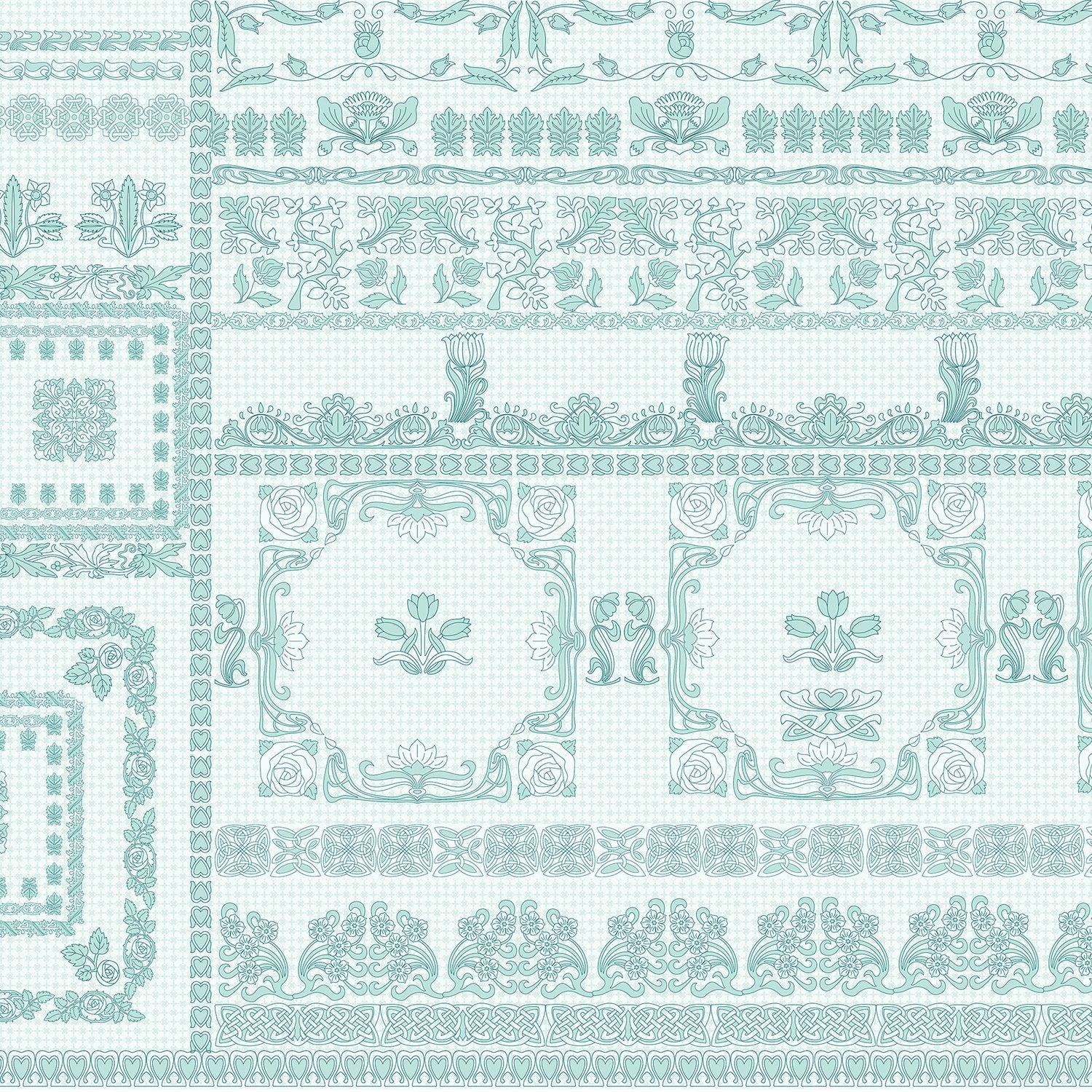 Ornate aqua damask borders with classical motifs arranged in elegant horizontal decorative bands - view 2 - final