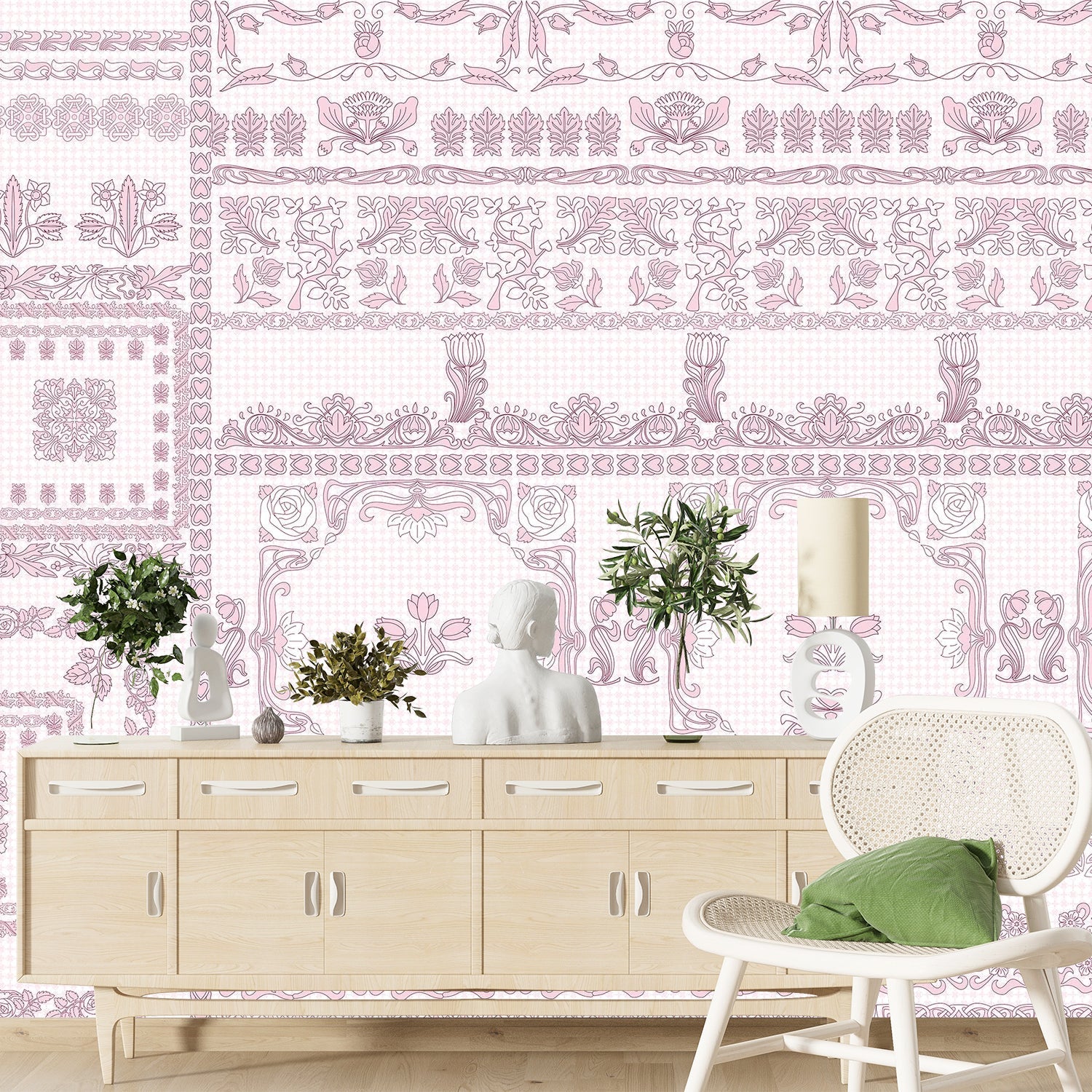 Ornate aqua damask borders with classical motifs arranged in elegant horizontal decorative bands - view 20 - final foyer