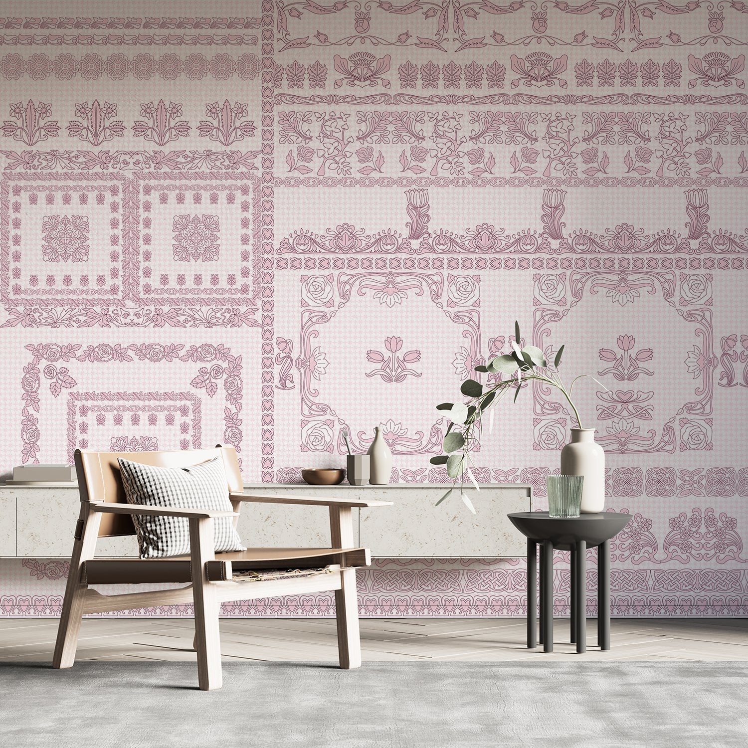 Ornate aqua damask borders with classical motifs arranged in elegant horizontal decorative bands - view 23 - final hobby-room