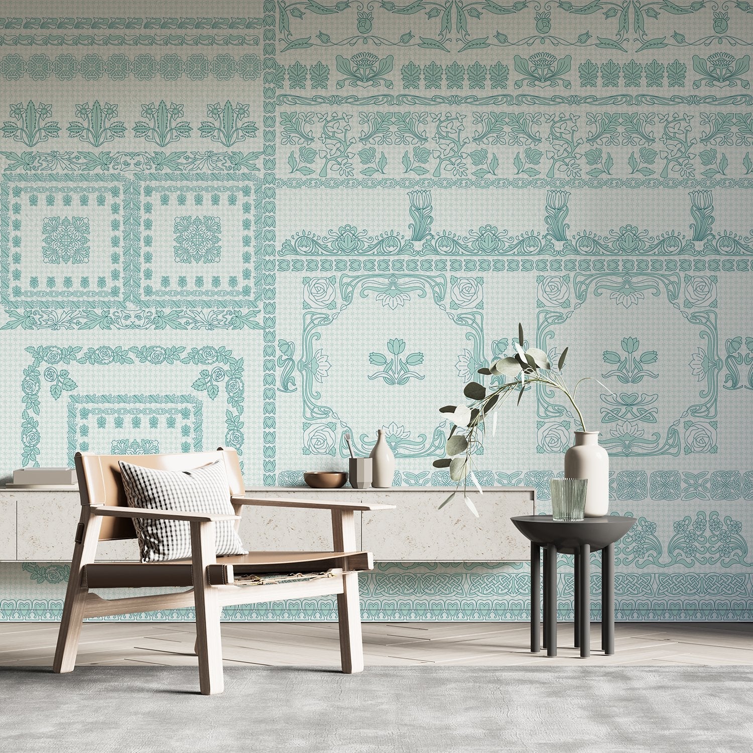 Ornate aqua damask borders with classical motifs arranged in elegant horizontal decorative bands - view 3 - final hobby-room