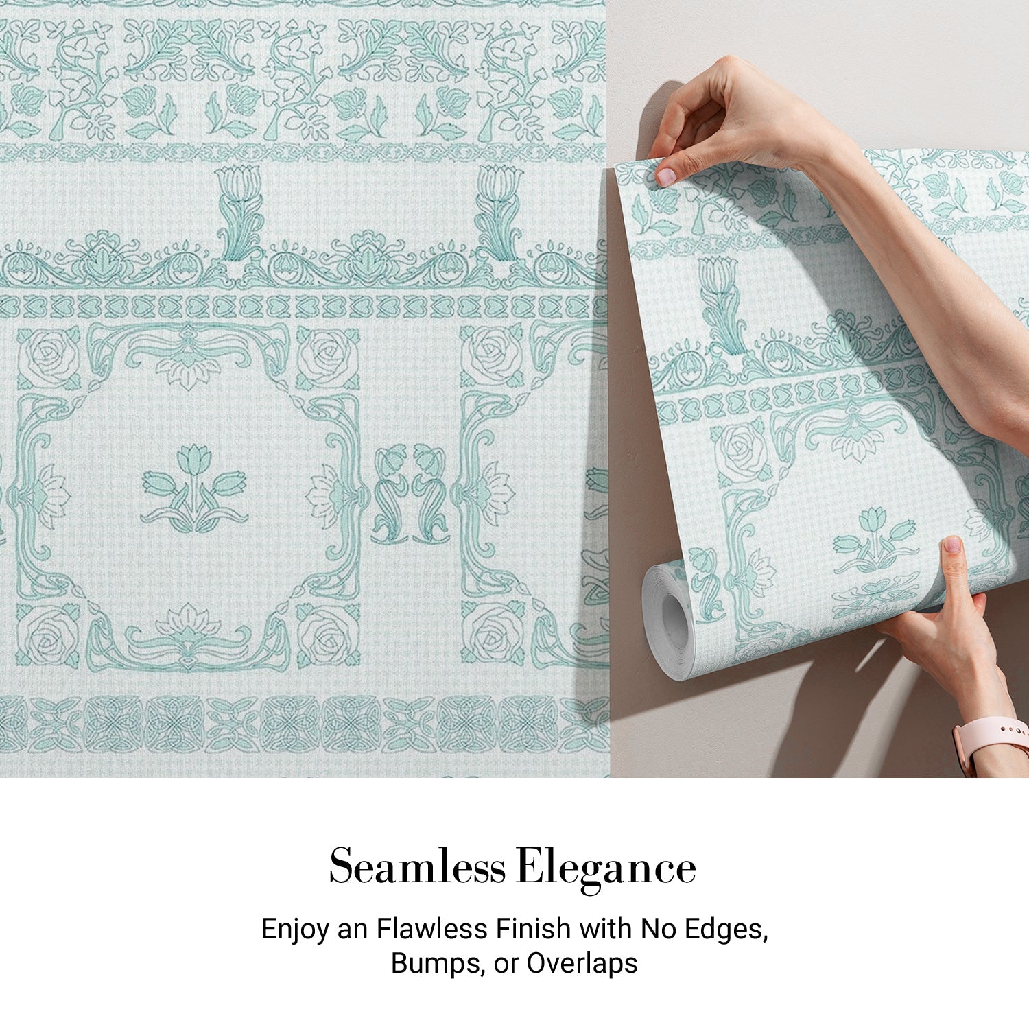 Ornate aqua damask borders with classical motifs arranged in elegant horizontal decorative bands - view 4 - final