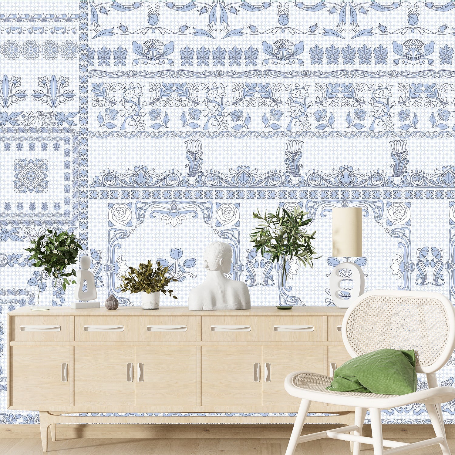 Ornate aqua damask borders with classical motifs arranged in elegant horizontal decorative bands - view 8 - final foyer