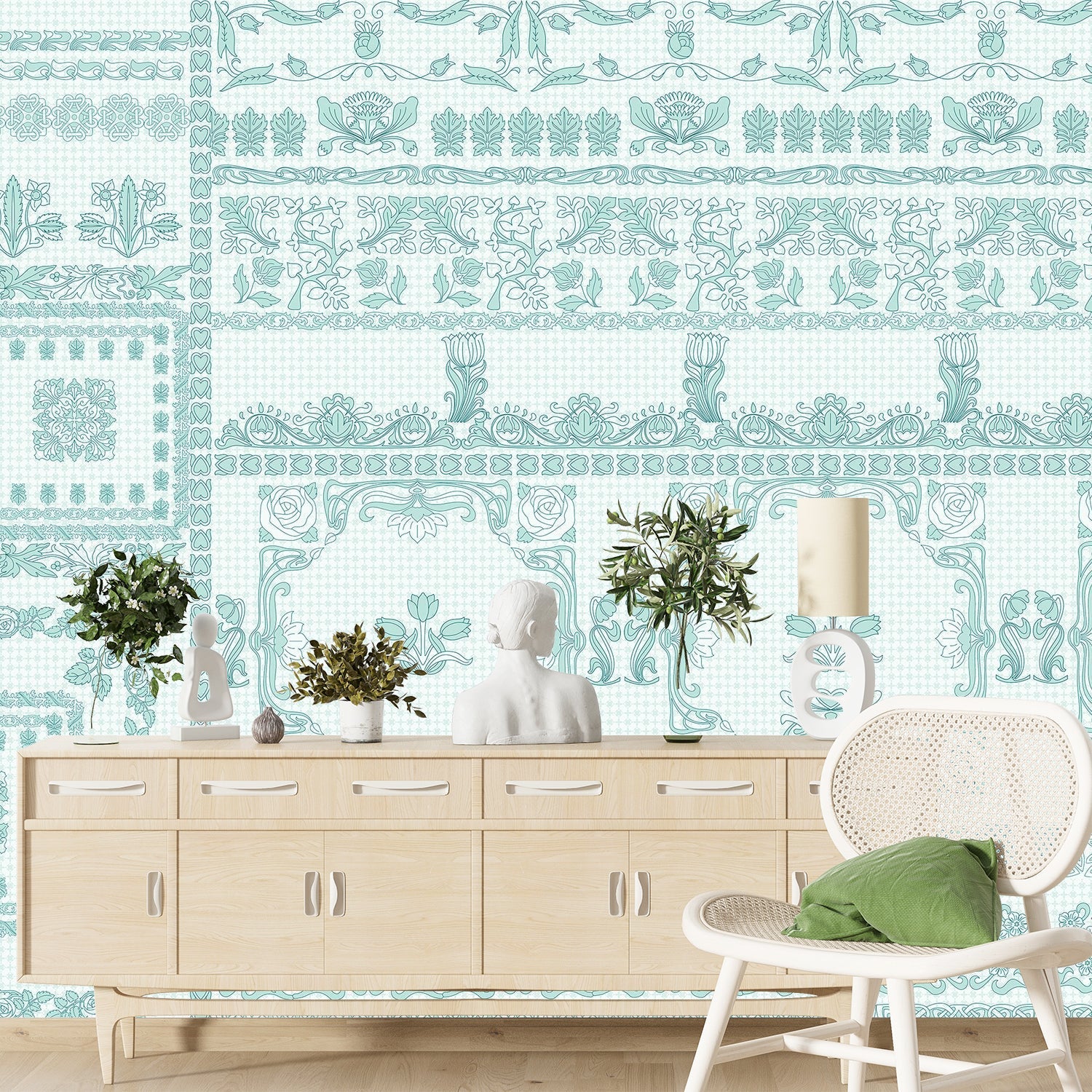 Ornate aqua damask borders with classical motifs arranged in elegant horizontal decorative bands - final foyer