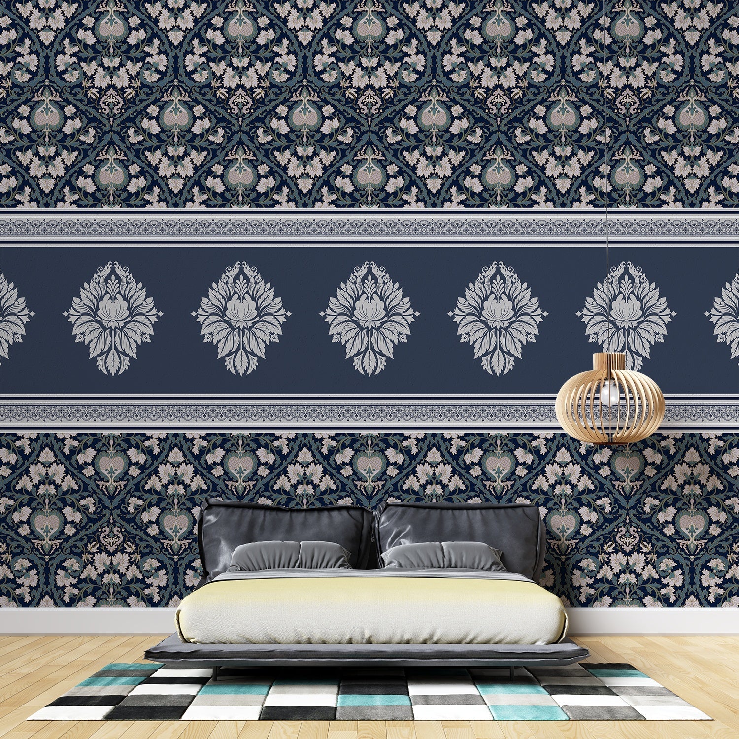 Elegant green damask wallcovering with ornate medallion border and traditional Victorian-inspired motifs - view 10 - final