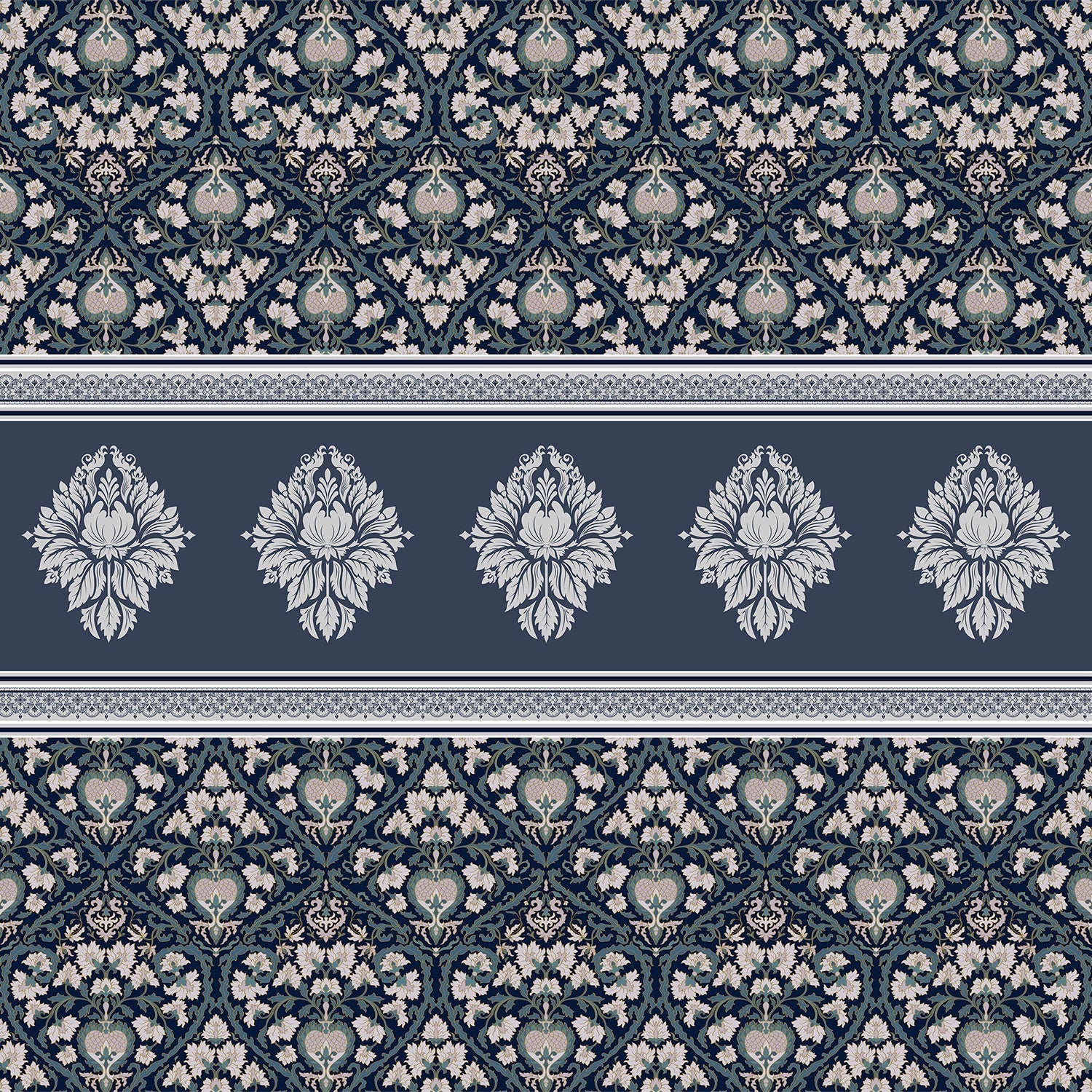 Elegant green damask wallcovering with ornate medallion border and traditional Victorian-inspired motifs - view 11 - final