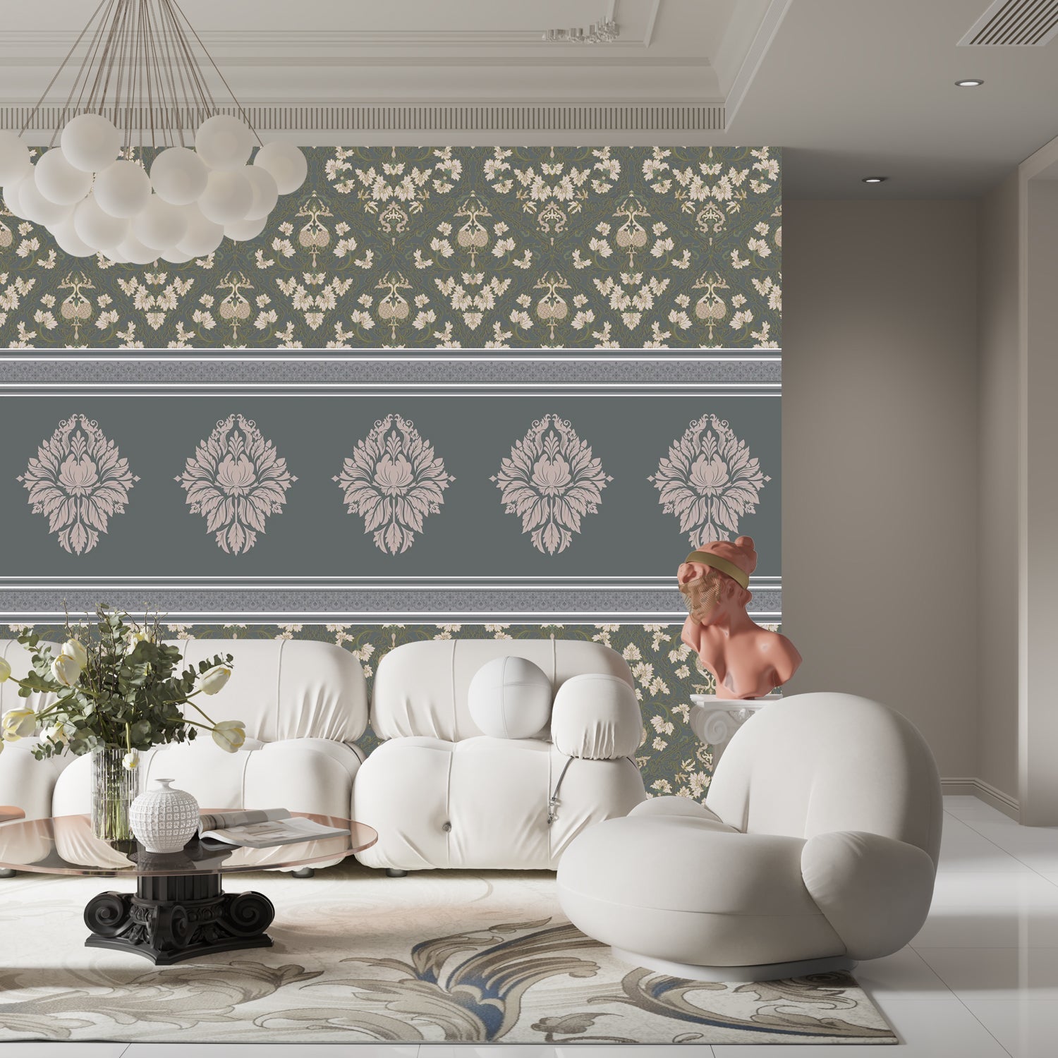 Elegant green damask wallcovering with ornate medallion border and traditional Victorian-inspired motifs - view 13 - final