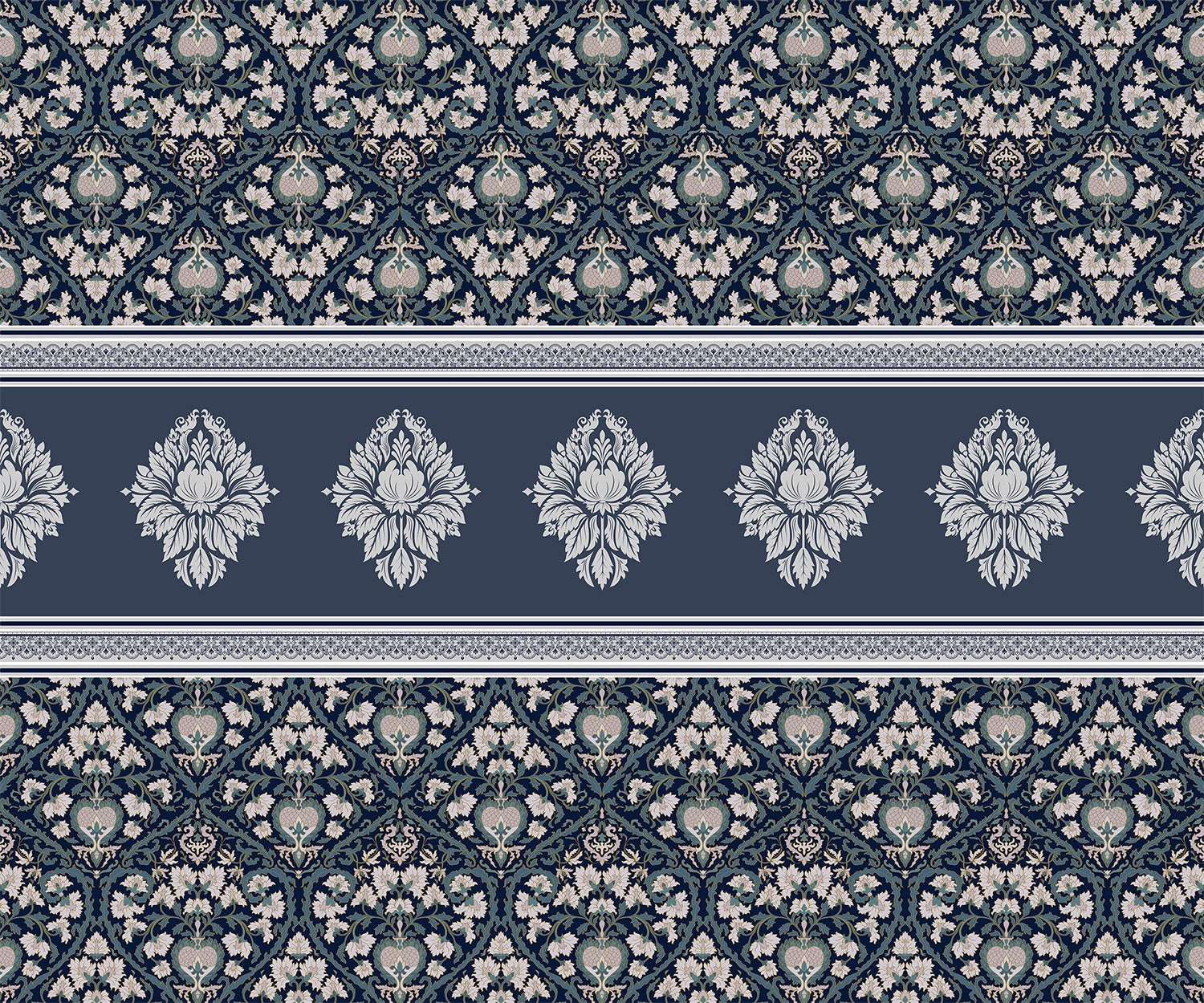 "Blossoming damask floral pattern in lea - damask wallpaper mural-inequal final"