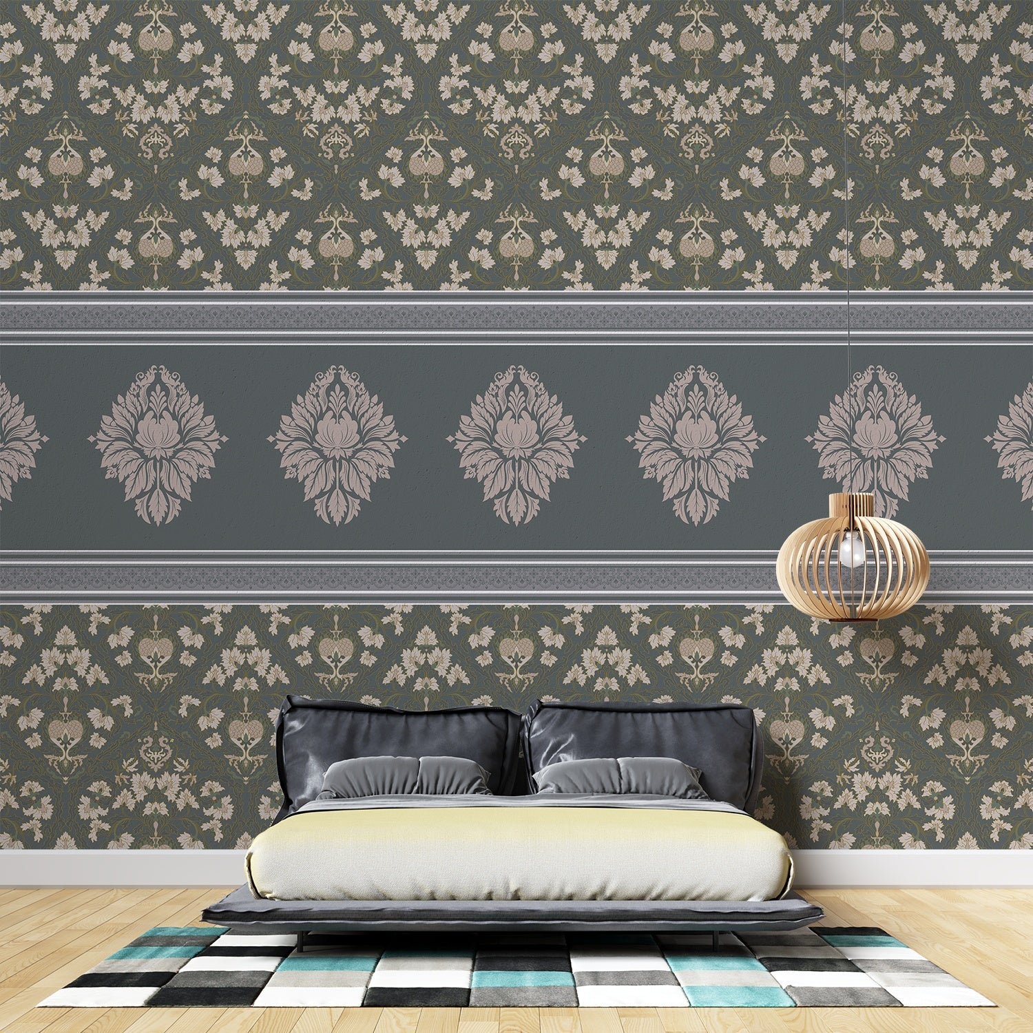 Elegant green damask wallcovering with ornate medallion border and traditional Victorian-inspired motifs - view 15 - final