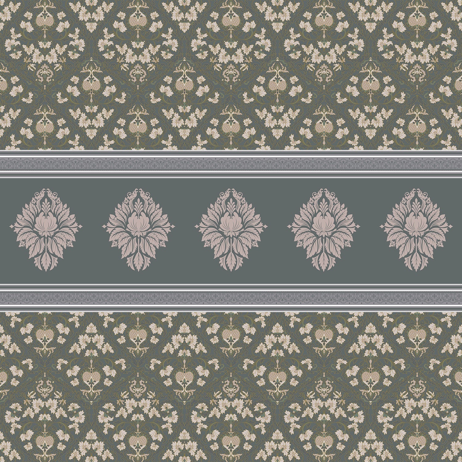 Elegant green damask wallcovering with ornate medallion border and traditional Victorian-inspired motifs - view 16 - final