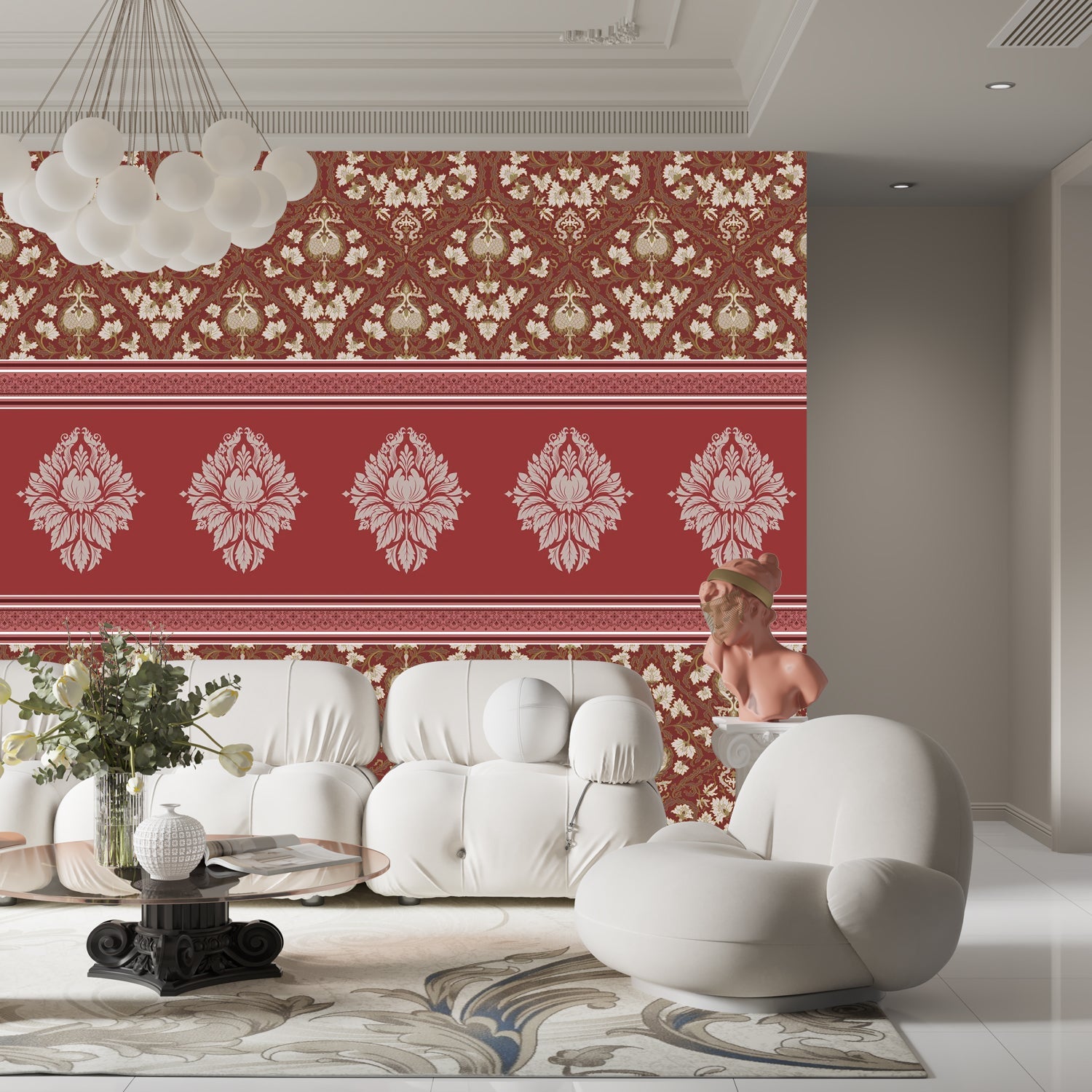 Elegant green damask wallcovering with ornate medallion border and traditional Victorian-inspired motifs - view 18 - final