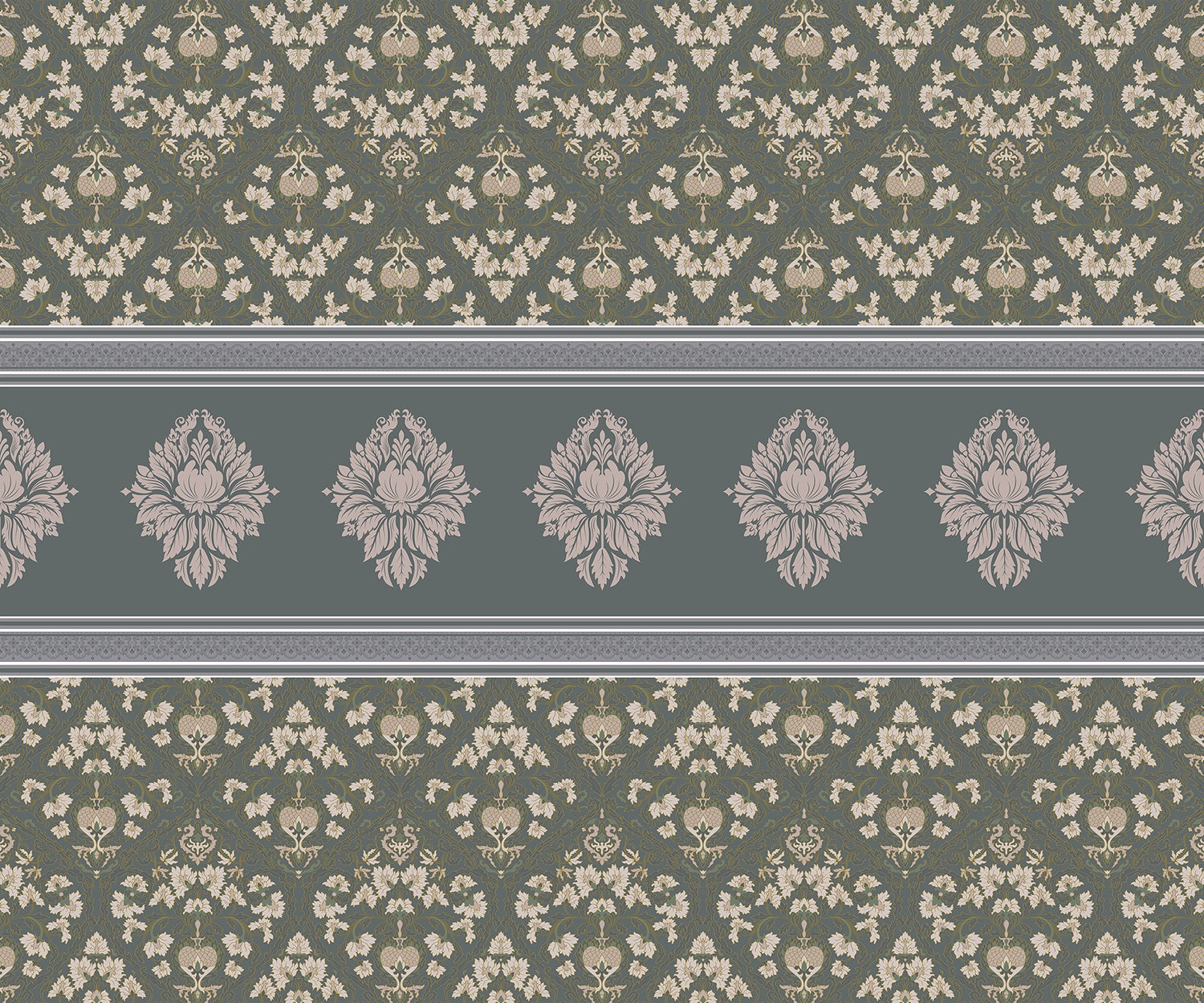 "Blossoming damask floral pattern in lea - damask wallpaper mural-inequal final"