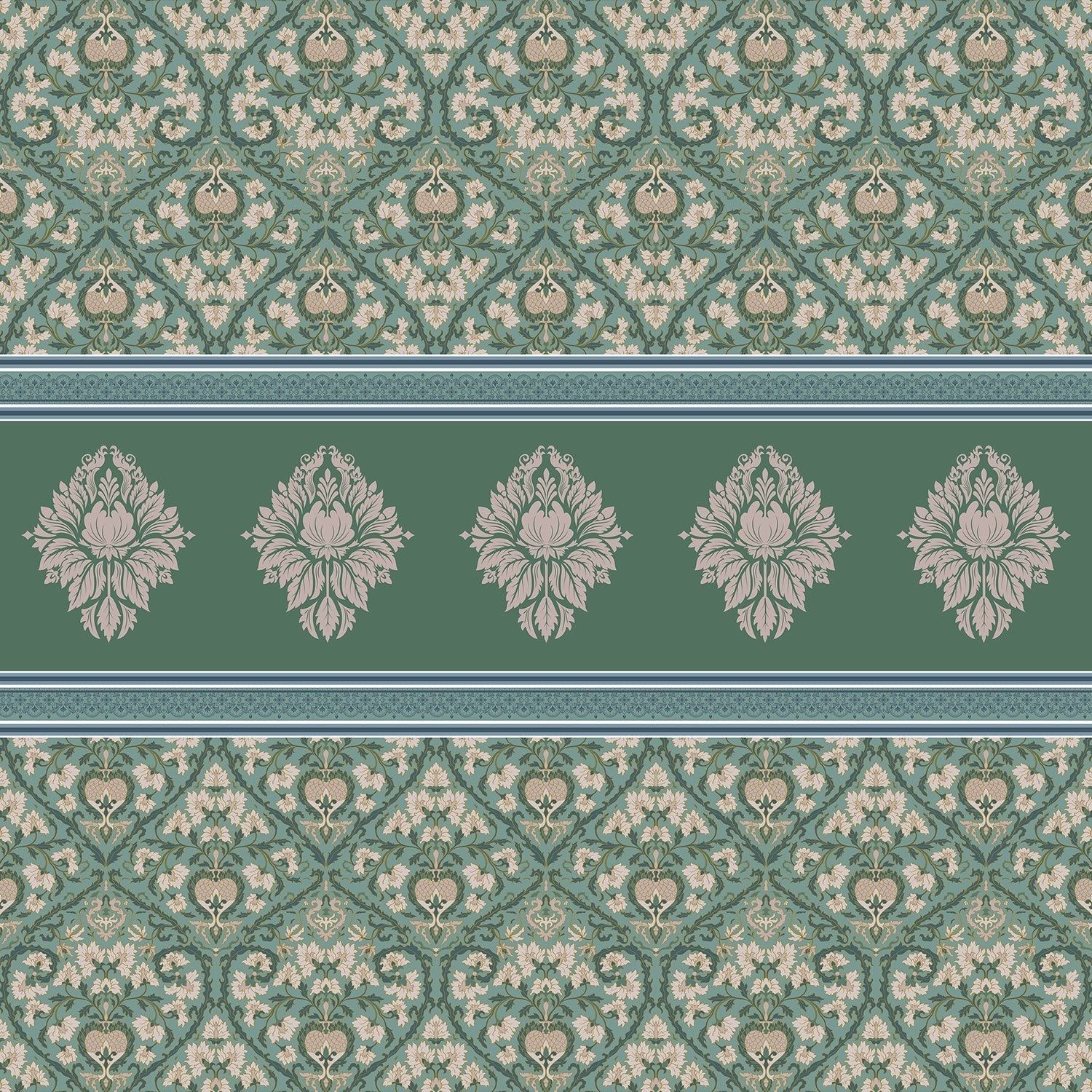 Elegant green damask wallcovering with ornate medallion border and traditional Victorian-inspired motifs - view 2 - final