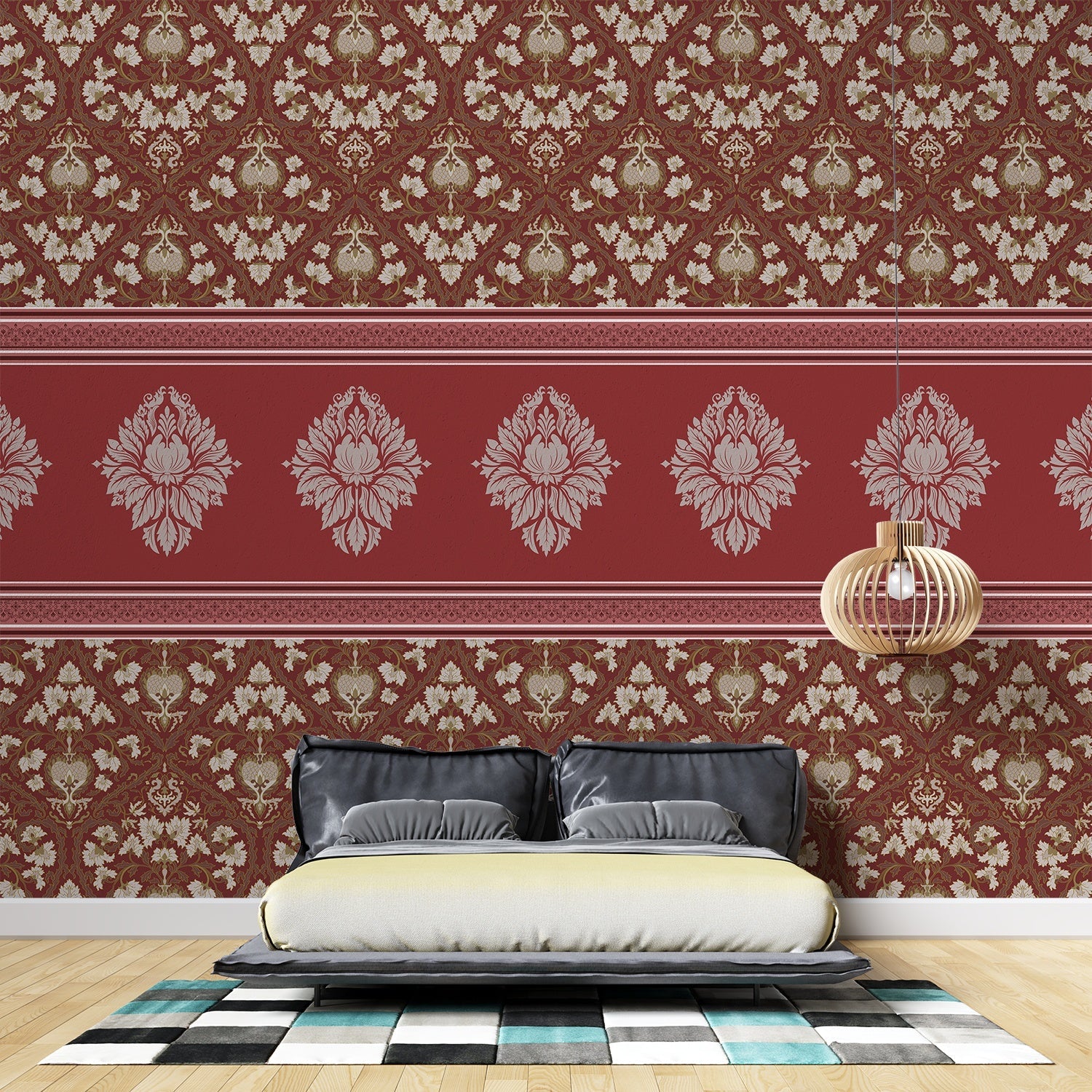 Elegant green damask wallcovering with ornate medallion border and traditional Victorian-inspired motifs - view 20 - final