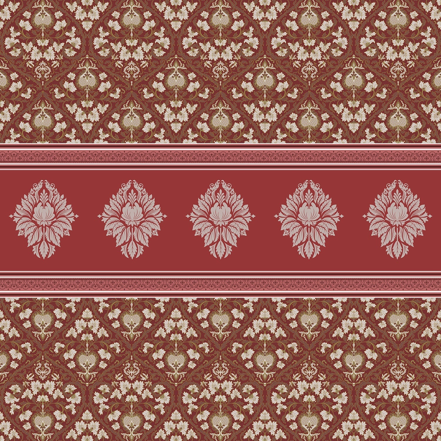 Elegant green damask wallcovering with ornate medallion border and traditional Victorian-inspired motifs - view 21 - final