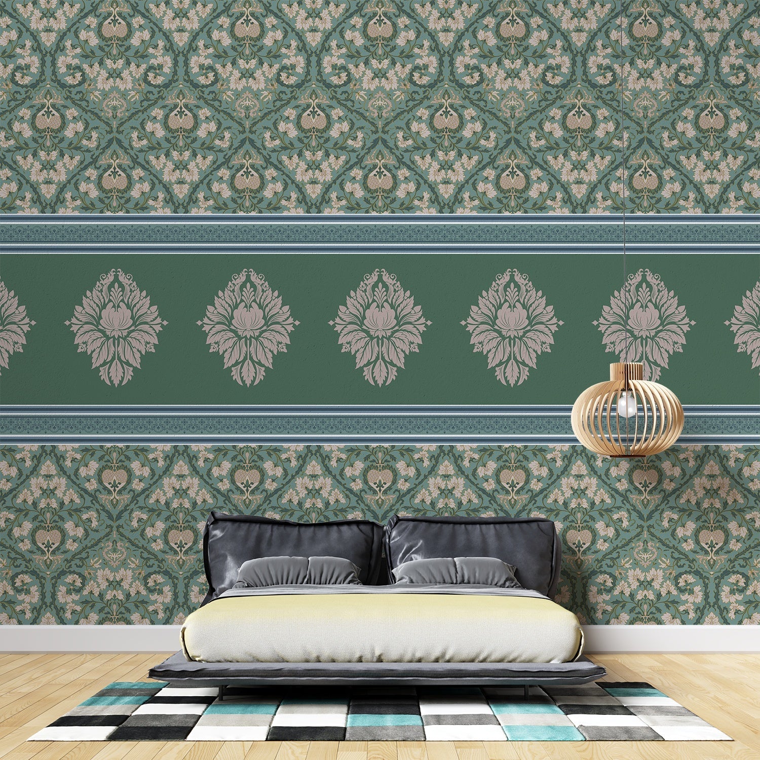 Elegant green damask wallcovering with ornate medallion border and traditional Victorian-inspired motifs - view 3 - final bed-room