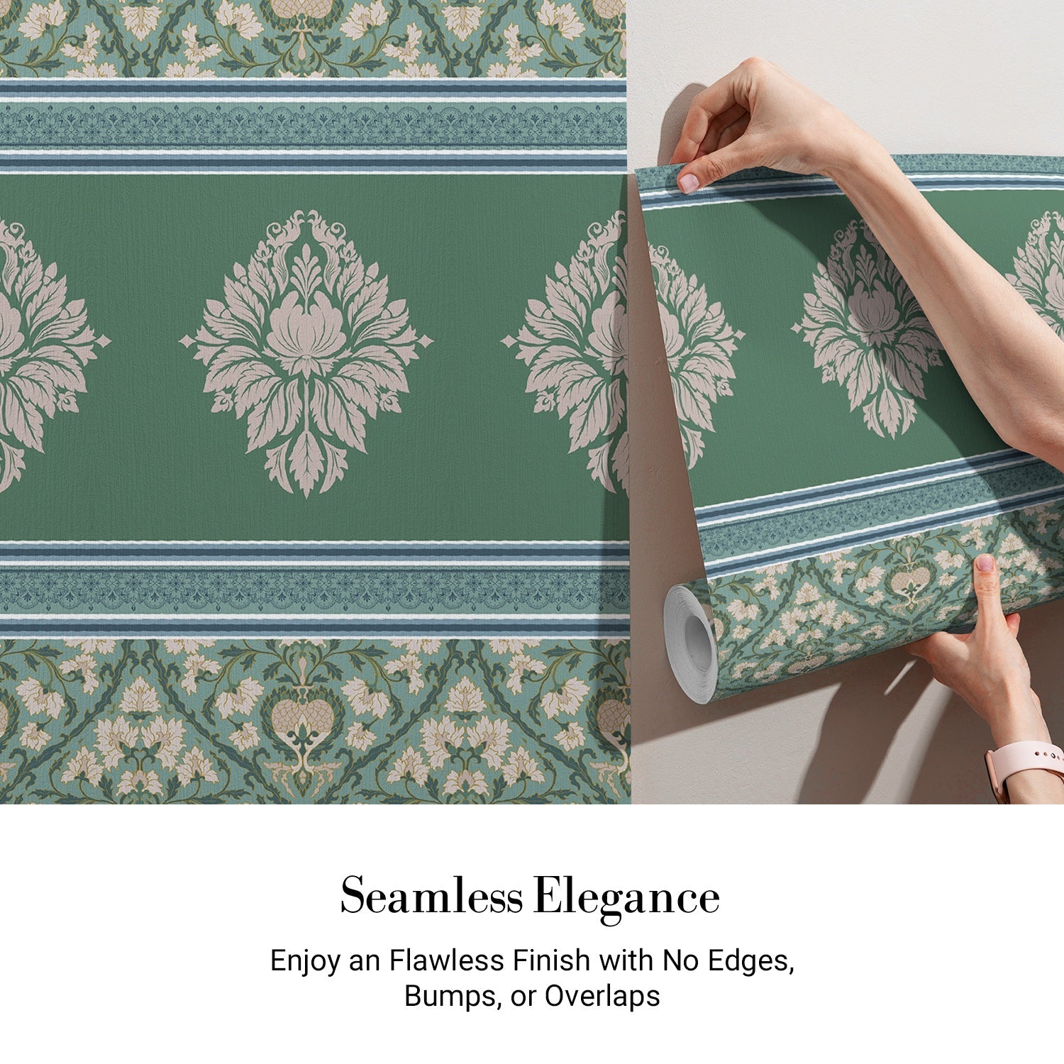 Elegant green damask wallcovering with ornate medallion border and traditional Victorian-inspired motifs - view 4 - final