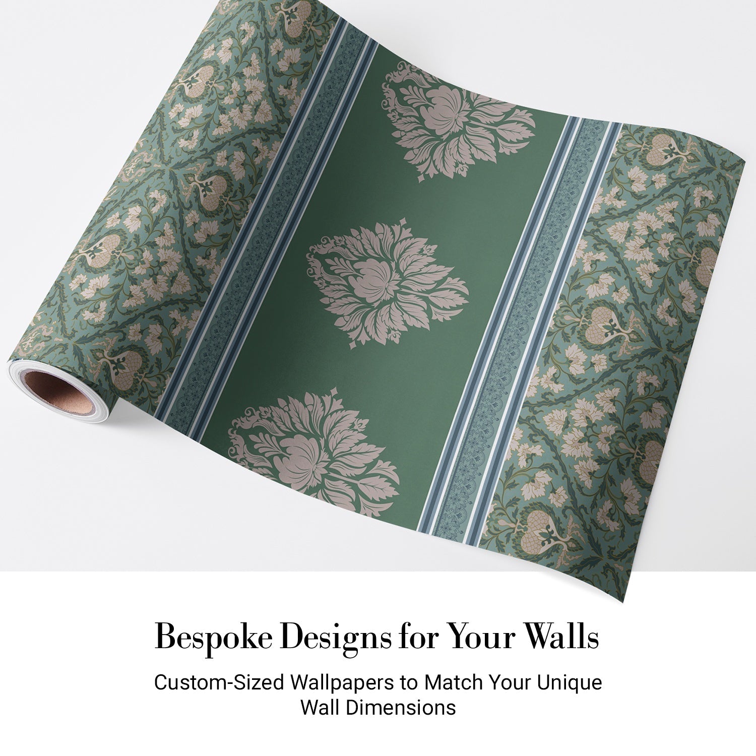 Elegant green damask wallcovering with ornate medallion border and traditional Victorian-inspired motifs - view 5 - final