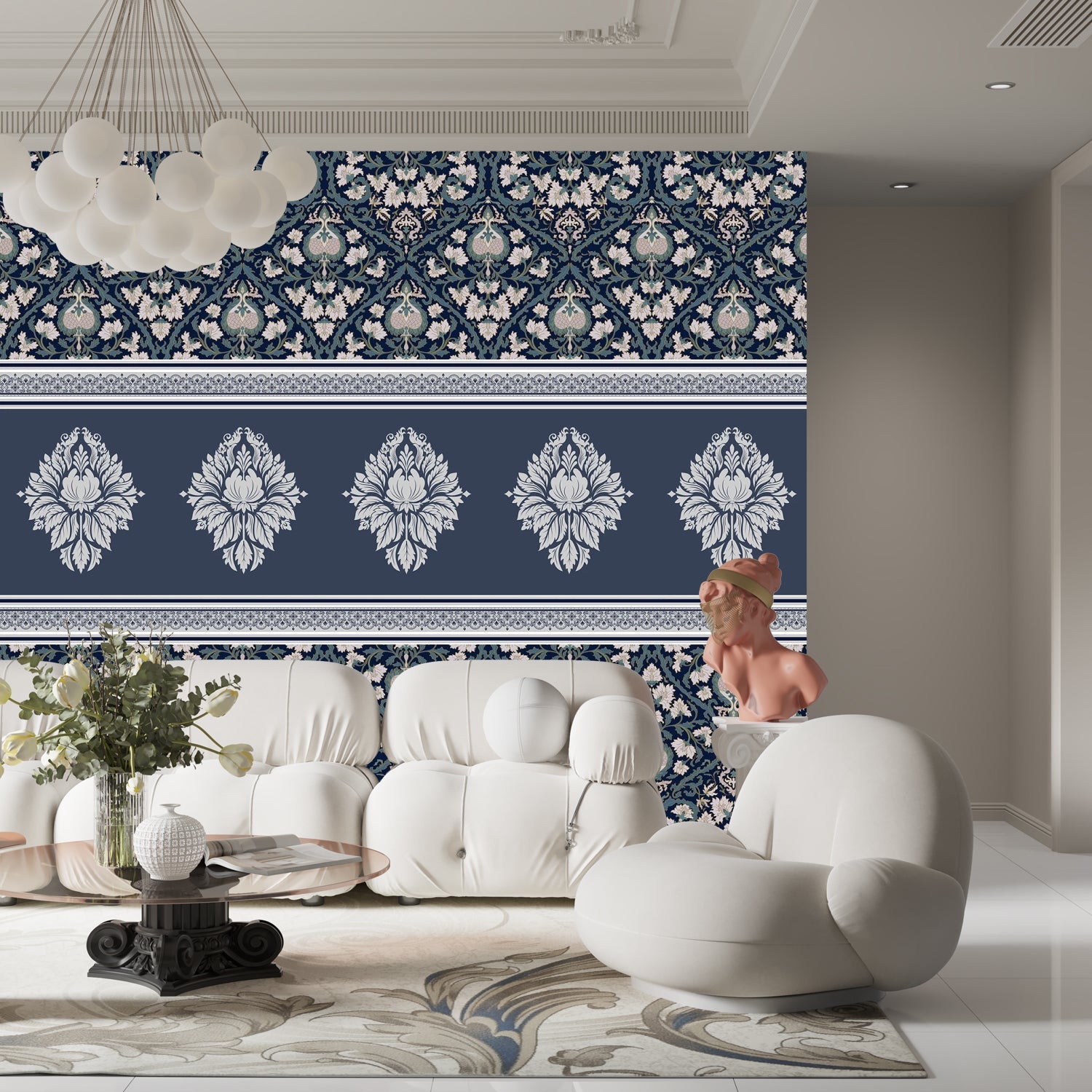 Elegant green damask wallcovering with ornate medallion border and traditional Victorian-inspired motifs - view 8 - final