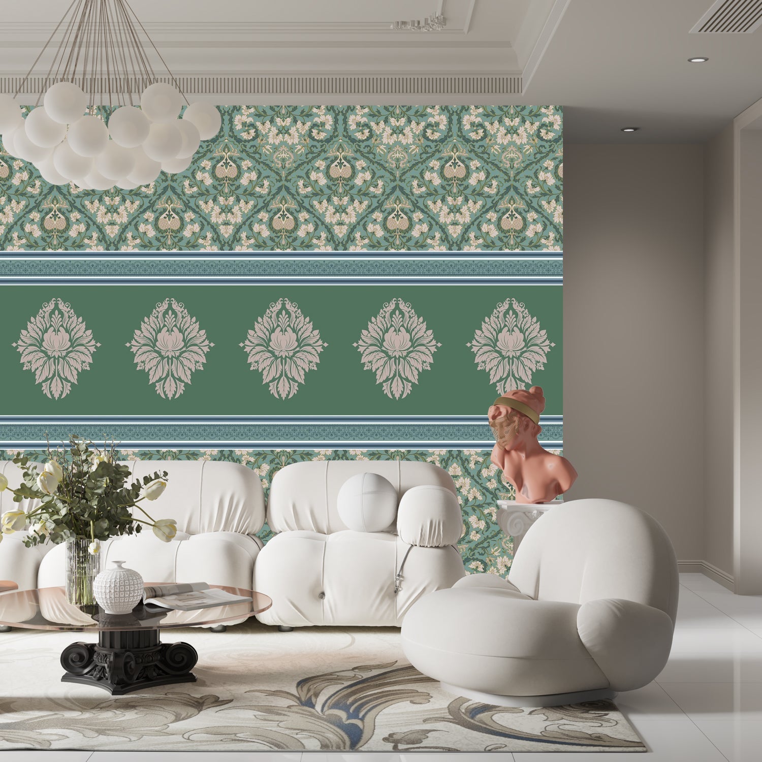Elegant green damask wallcovering with ornate medallion border and traditional Victorian-inspired motifs - final living-room