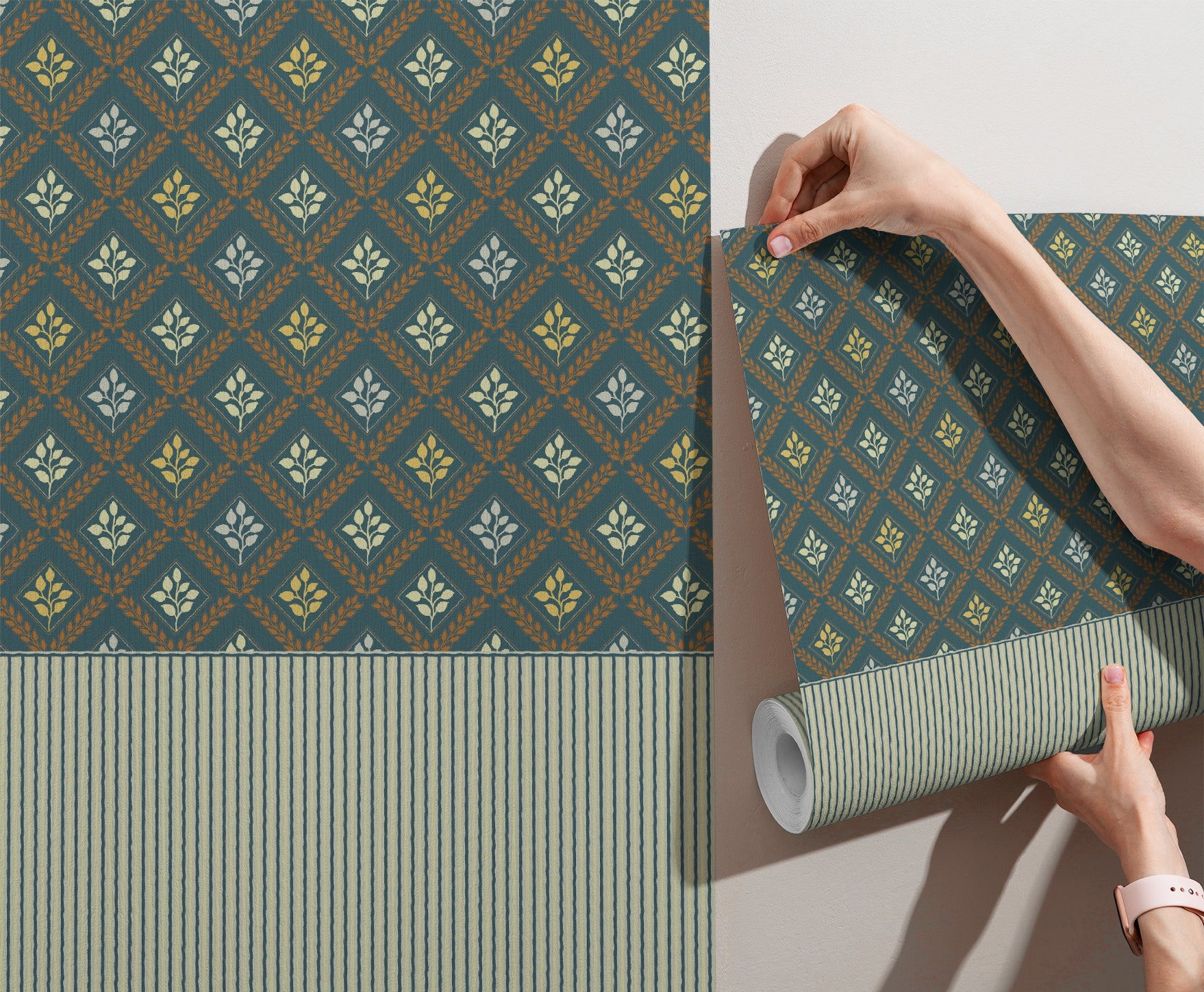 Elegant teal and gold damask floral pattern with diamond lattice arrangement on dark background - view 3 - final