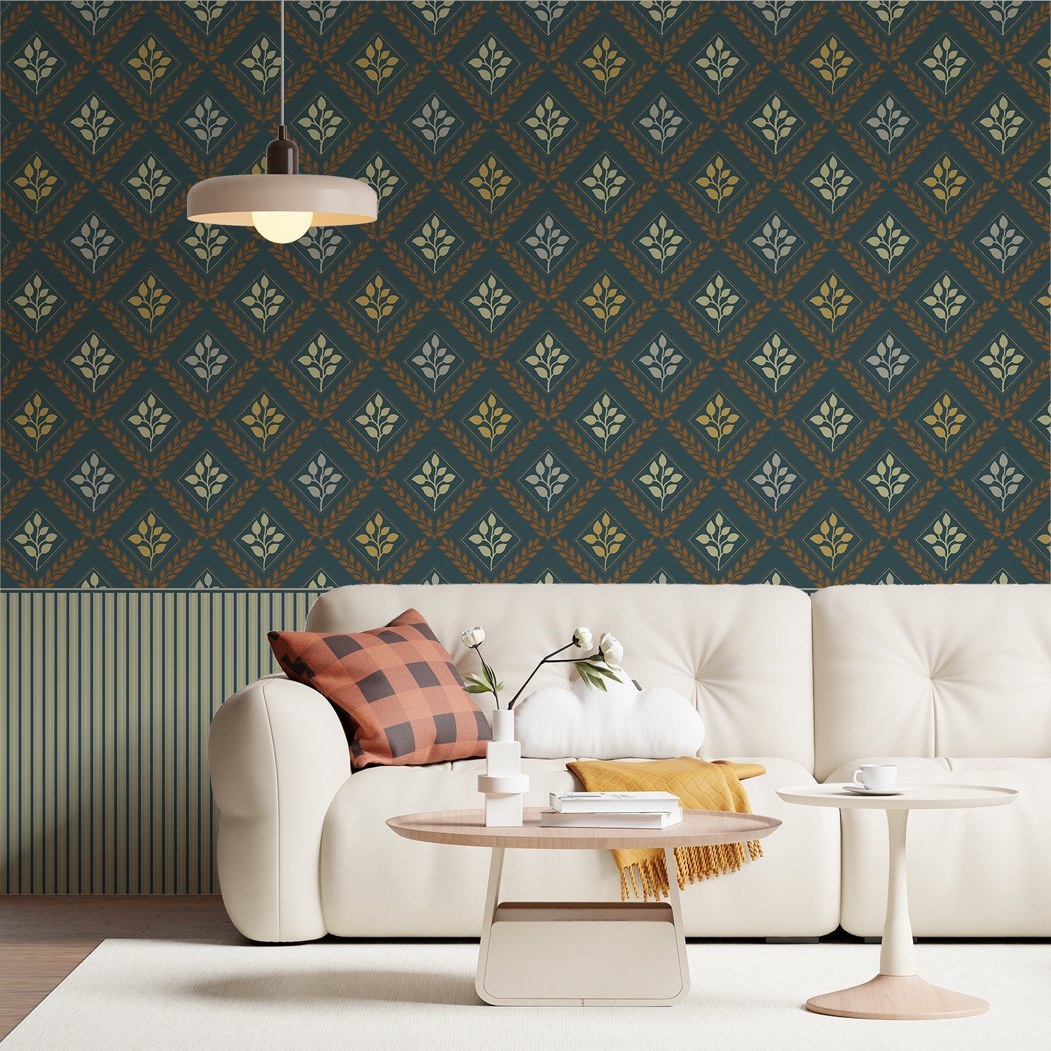 Elegant teal and gold damask floral pattern with diamond lattice arrangement on dark background - final living-room