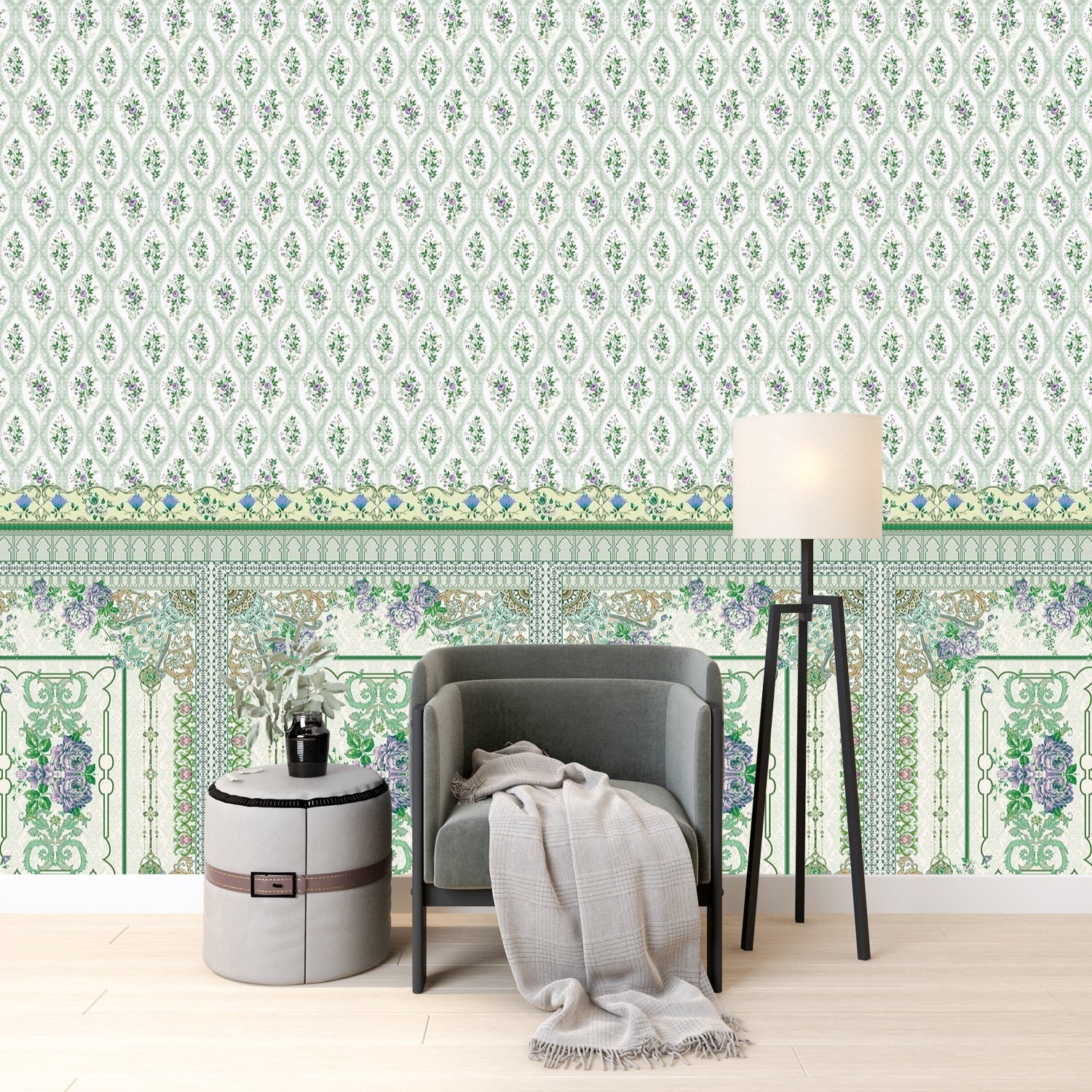 Delicate Victorian floral print with ornate border trim featuring pink roses and scrollwork - view 13 - final