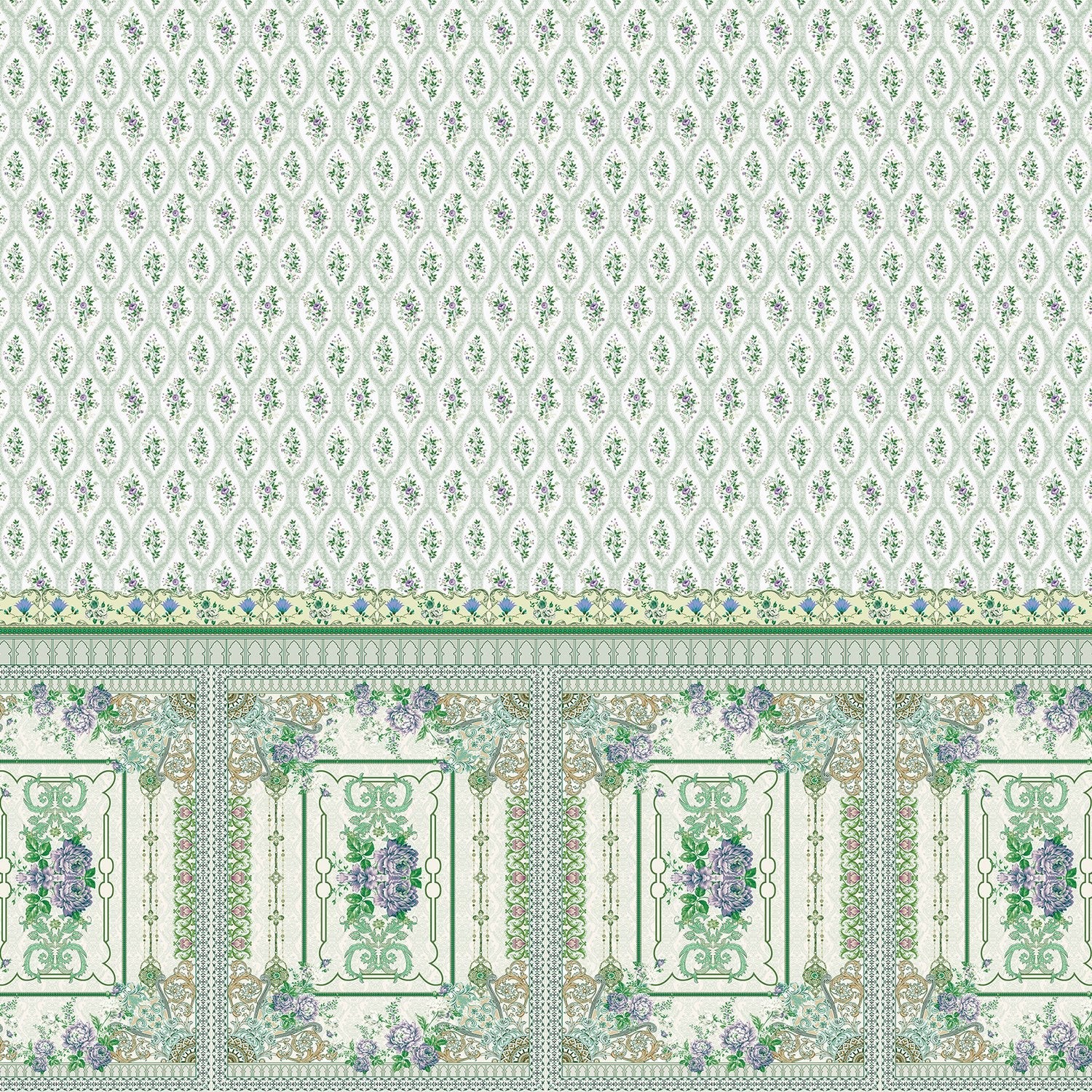 Delicate Victorian floral print with ornate border trim featuring pink roses and scrollwork - view 14 - final