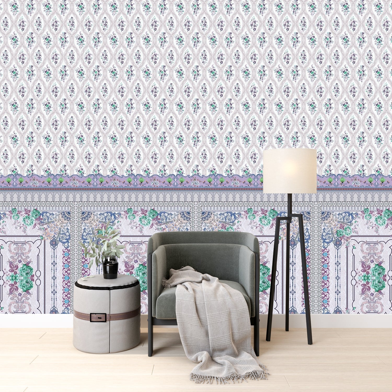 Delicate Victorian floral print with ornate border trim featuring pink roses and scrollwork - view 18 - final