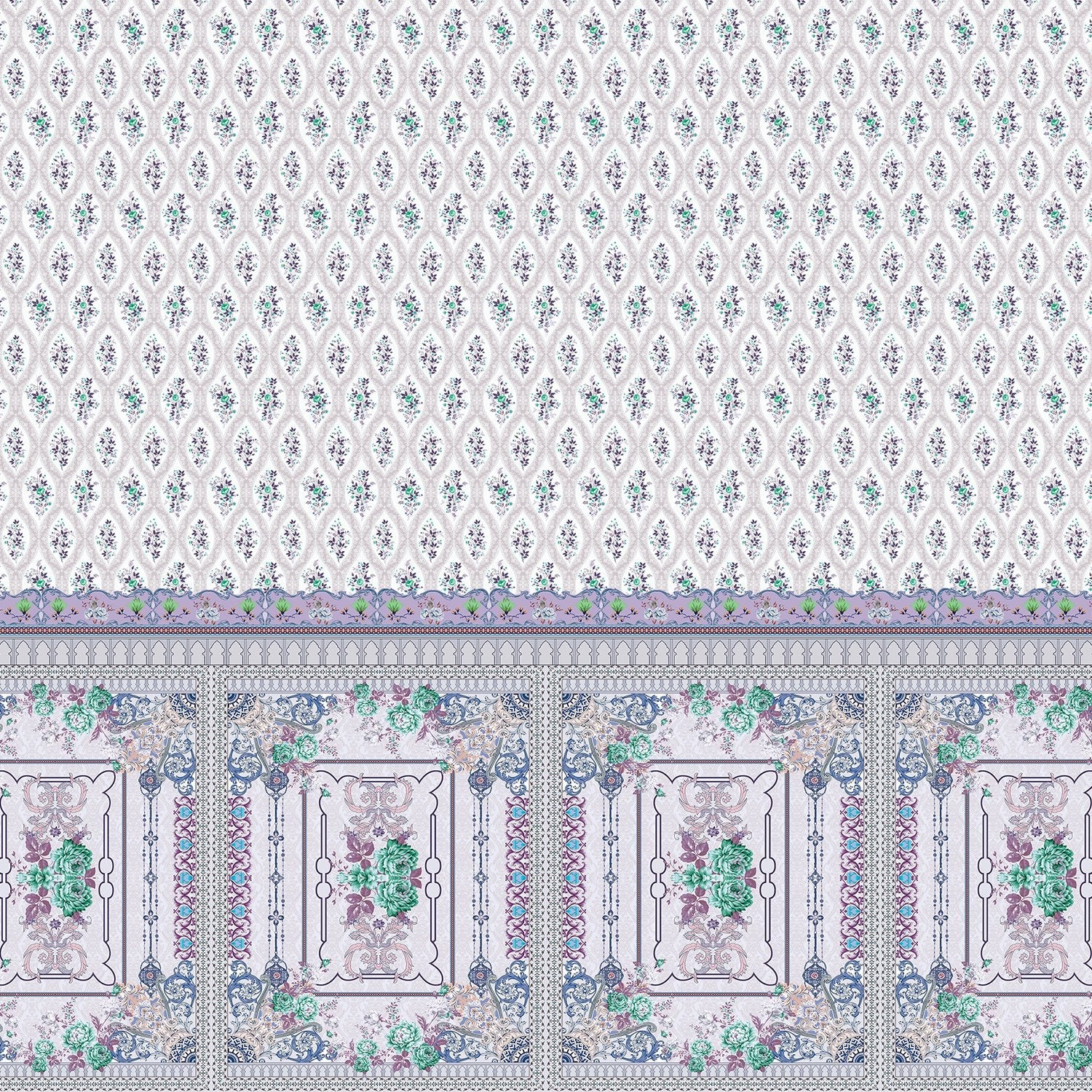 Delicate Victorian floral print with ornate border trim featuring pink roses and scrollwork - view 19 - final