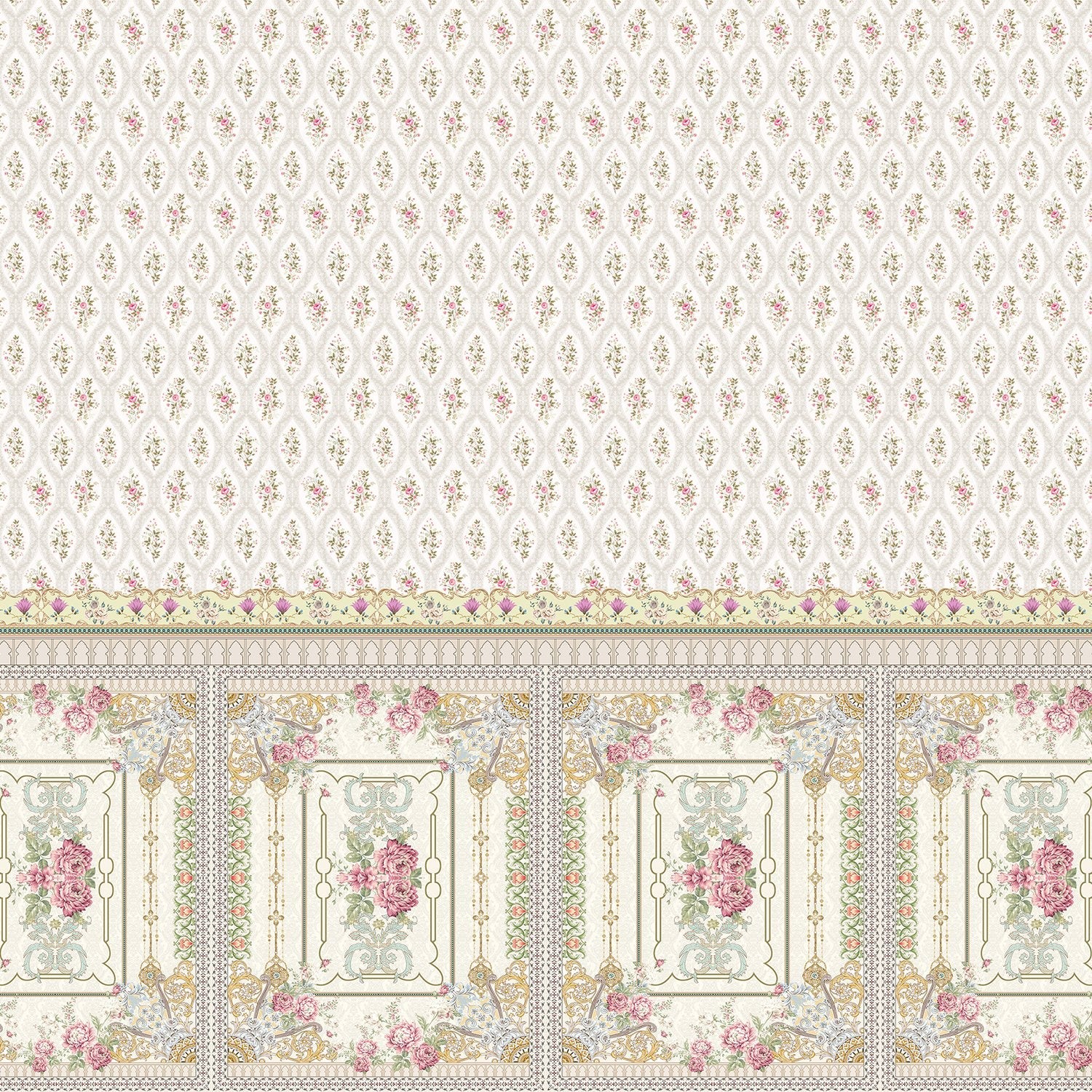 Delicate Victorian floral print with ornate border trim featuring pink roses and scrollwork - view 2 - final