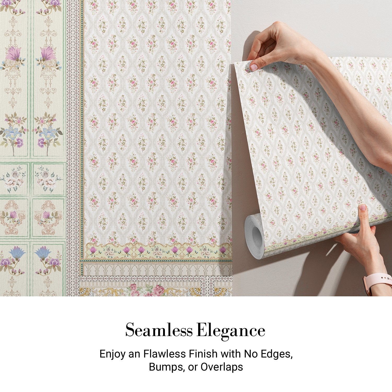 Delicate Victorian floral print with ornate border trim featuring pink roses and scrollwork - view 4 - final