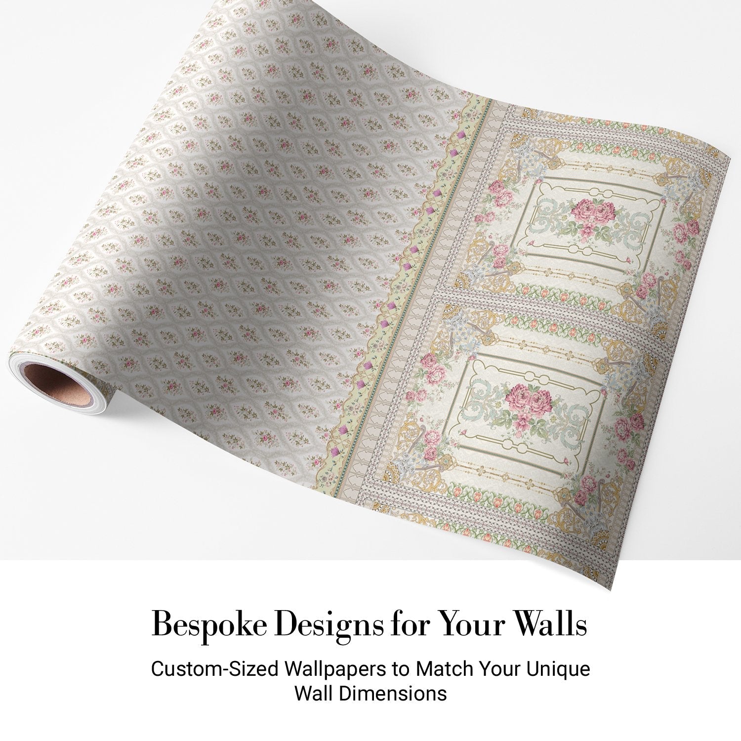 Delicate Victorian floral print with ornate border trim featuring pink roses and scrollwork - view 5 - final