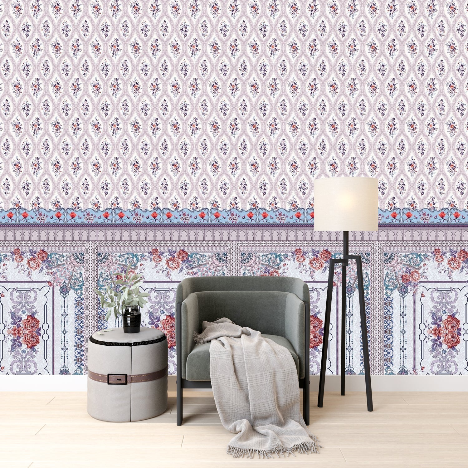 Delicate Victorian floral print with ornate border trim featuring pink roses and scrollwork - view 8 - final