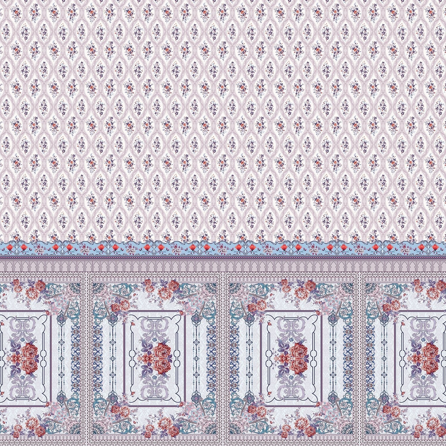 Delicate Victorian floral print with ornate border trim featuring pink roses and scrollwork - view 9 - final